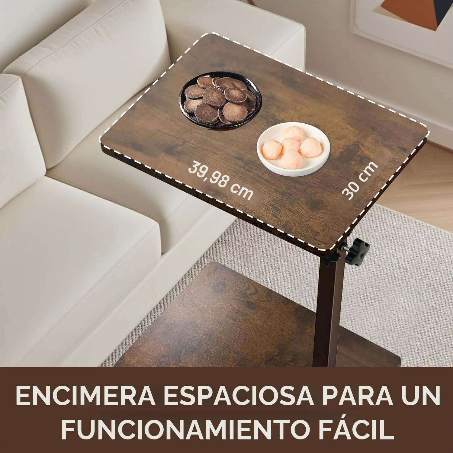 Mesa auxiliar en forma de C, MDF y metal, moderna, regulable en altura con ruedas, café, mesa de noche, més para salón, dormitorio, cuarto de aseo