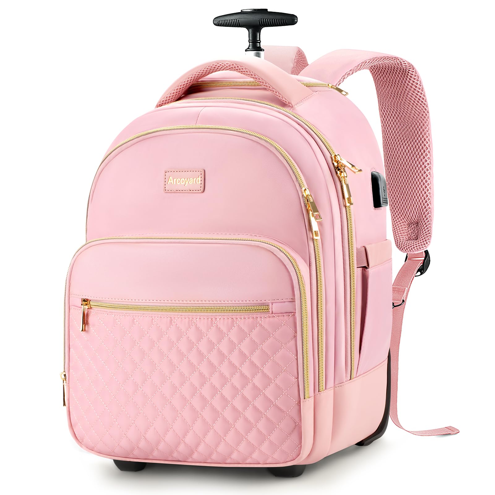 ArcoyardSmall Rolling Backpack for Women, Lightweight Travel Backpack with Wheels, Convertible Carry On Luggage, Pink, 15.6 inch