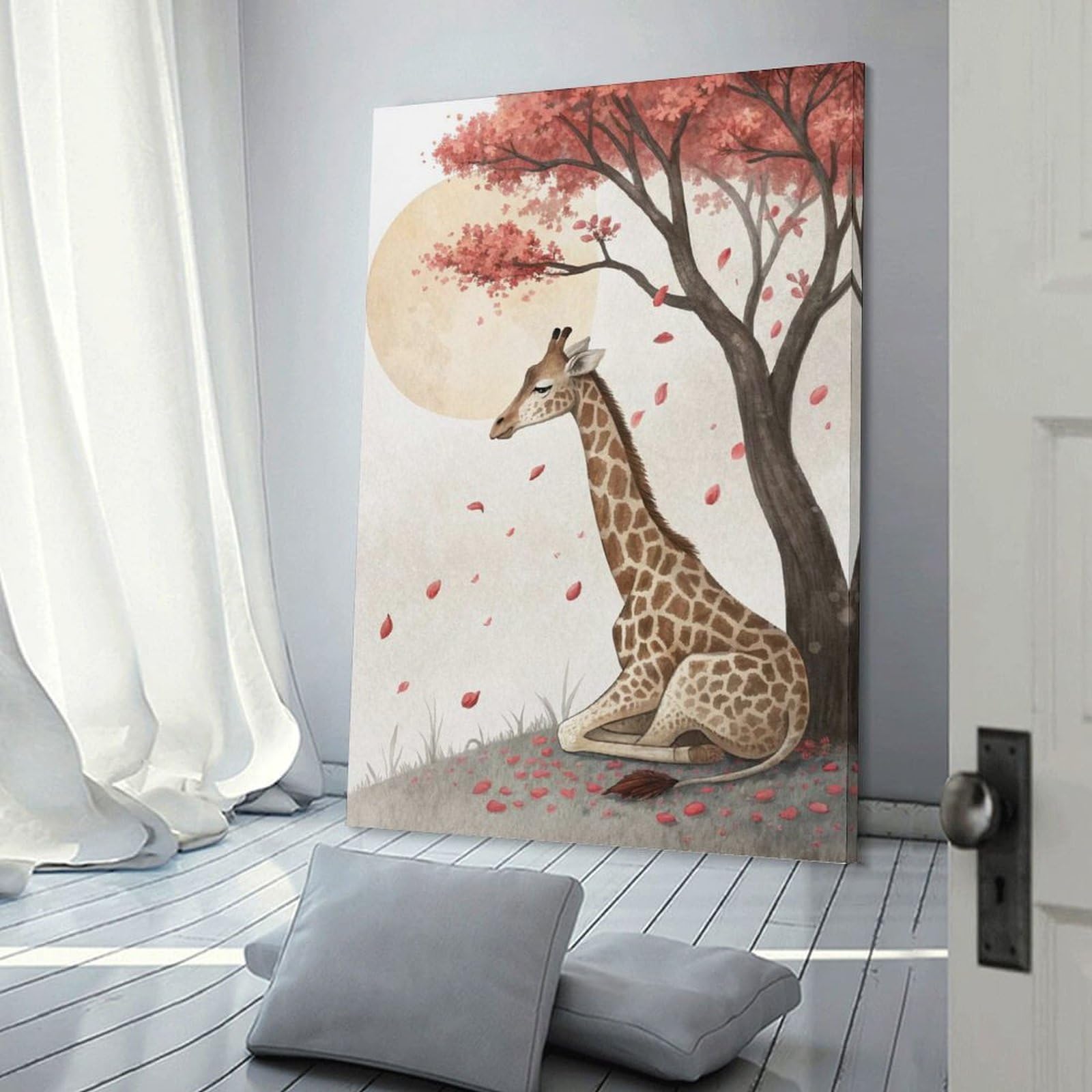 Junmoney Giraffe Under A Blooming Tree Hanging Wall Art, 20x30inch(50x75cm), for Living Room, Bedroom, Office Or Hallway, Decorative Artwork with Broad Appeal