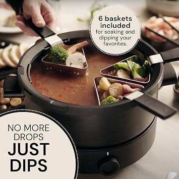 Evolution 3-in-1 Fondue Set for 6, Electric Fondue Pot with Double Boiler Bowl, 3L Stainless Steel Cauldron, 6 Perforated Baskets & Tongs, Adjustable Temperature Control