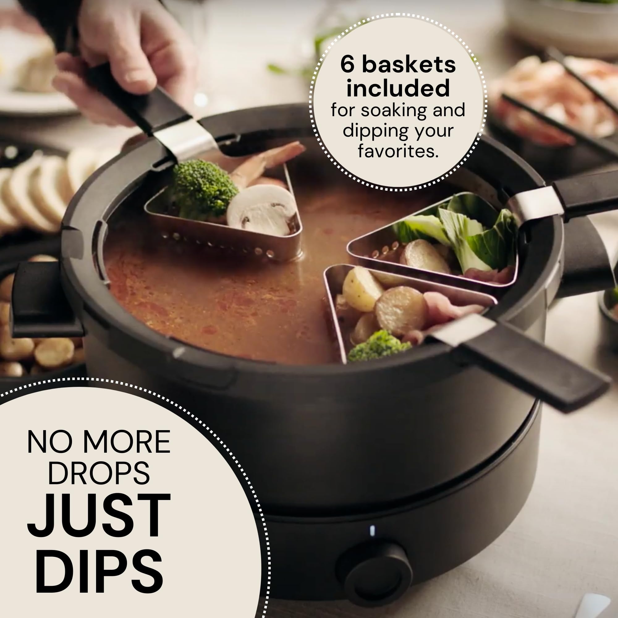 Evolution 3-in-1, Electric Fondue Set for Broth, Cheese & Chocolate. Fondue Pot with Ceramic Double-Boil Bowl, Heat-Resistant Base, Temperature Control, 6 Perforated Baskets &Tongs.
