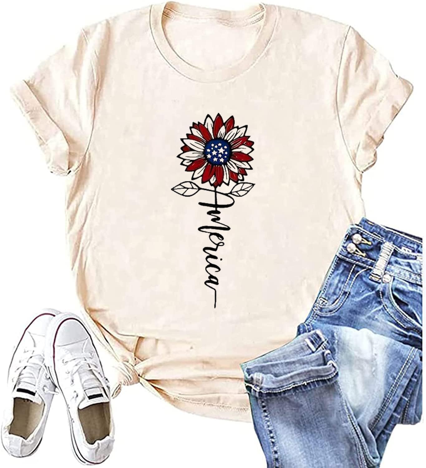 WIPXITK4th of July Shirt for Women Americn Flag Flower Graphic Tees Sunflower Patriotic T Shirt Casual Short Sleeve Tee Tops