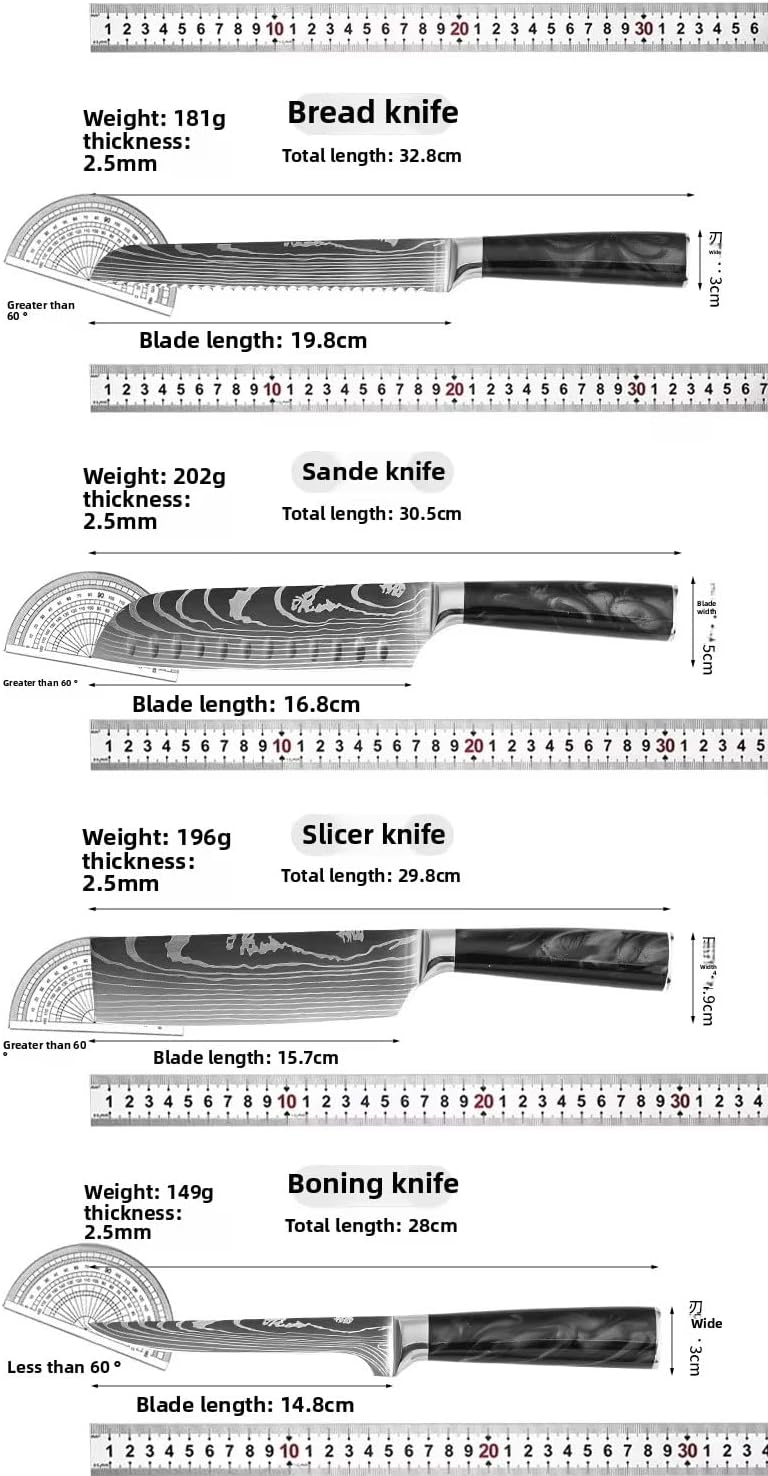 11 Pcs Damascus Steel Knife Set, 4Cr13 Professional Chef Knives with Black Resin Anti-Slip Handle, Includes Chef Carving Bread Slicing Santoku Boning Paring Utility Steak Knife