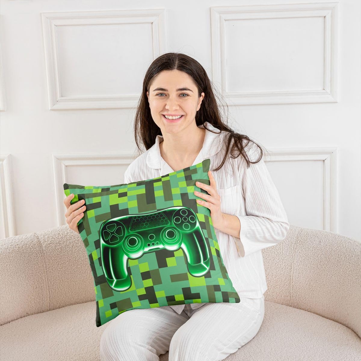 Manfei Gaming Kids Throw Pillow Cover,Gamepad Video Games Miners Check Double Sides Pillow Case,Neon Lights Pixelated Blocks Home Decor,Cyan Green Bed Couch Sofa Cushion Cover,2 Pack 22"x22" image 5