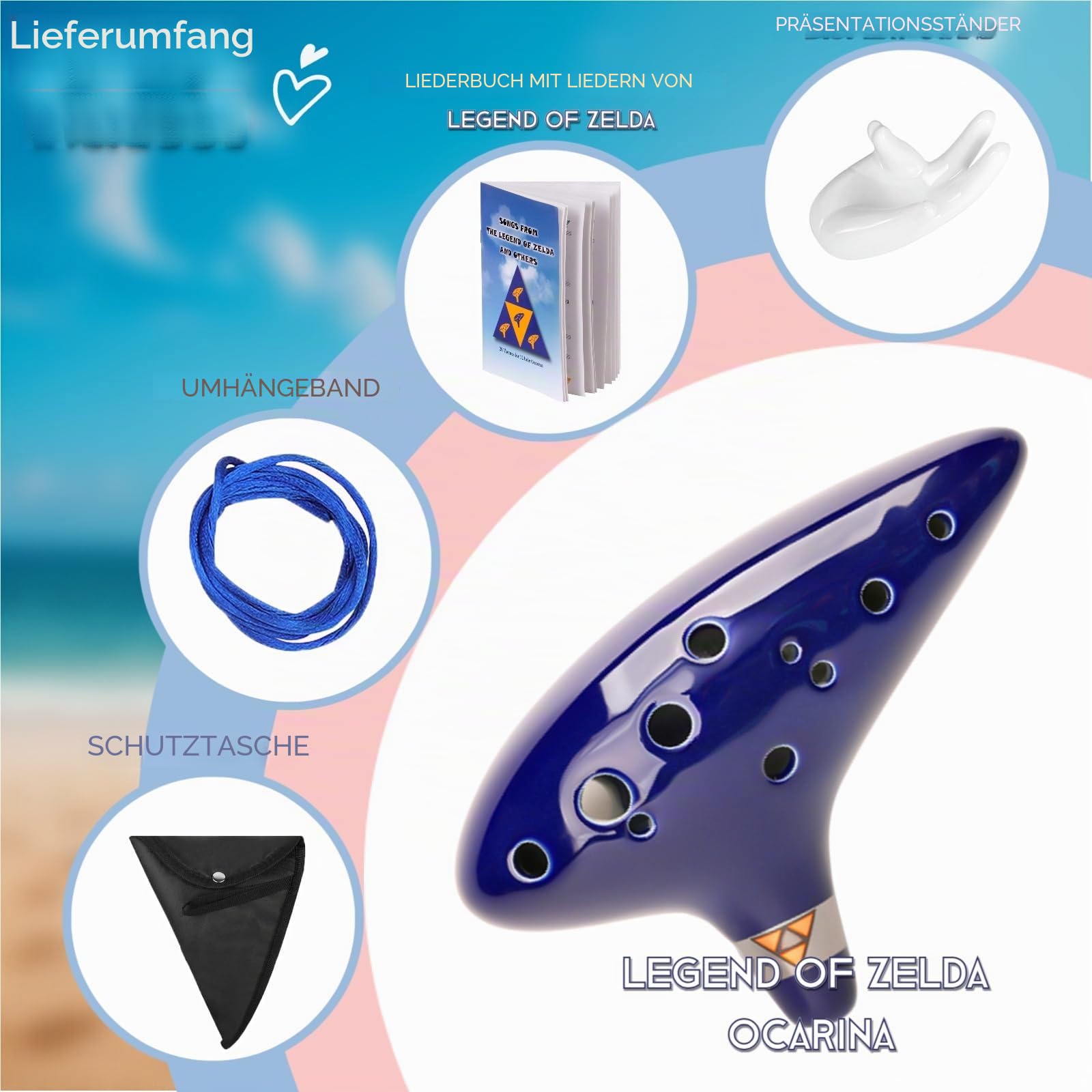 Zelda Ocarina 12 Loch Alto C mit Songbuch (Songs From the Legend of Zelda) mit Displayständer Schutztasche