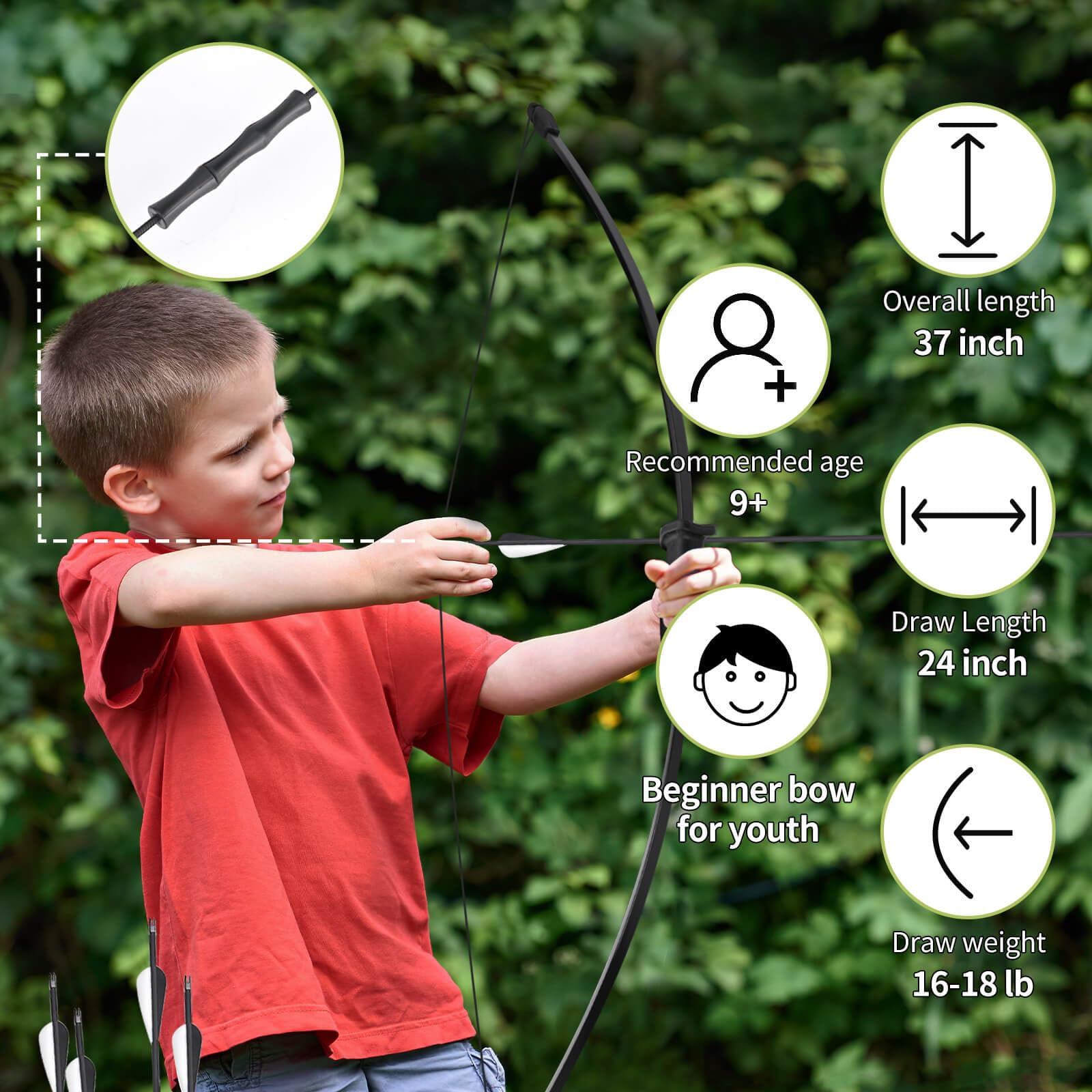 Bogenschießen Recurve Bogen und Pfeil Jugendbogen Set, Bogenschießen Anfänger Geschenk mit 4 Pfeile 5 Ziel Gesicht,Outdoor Sport Spiel Langbogen