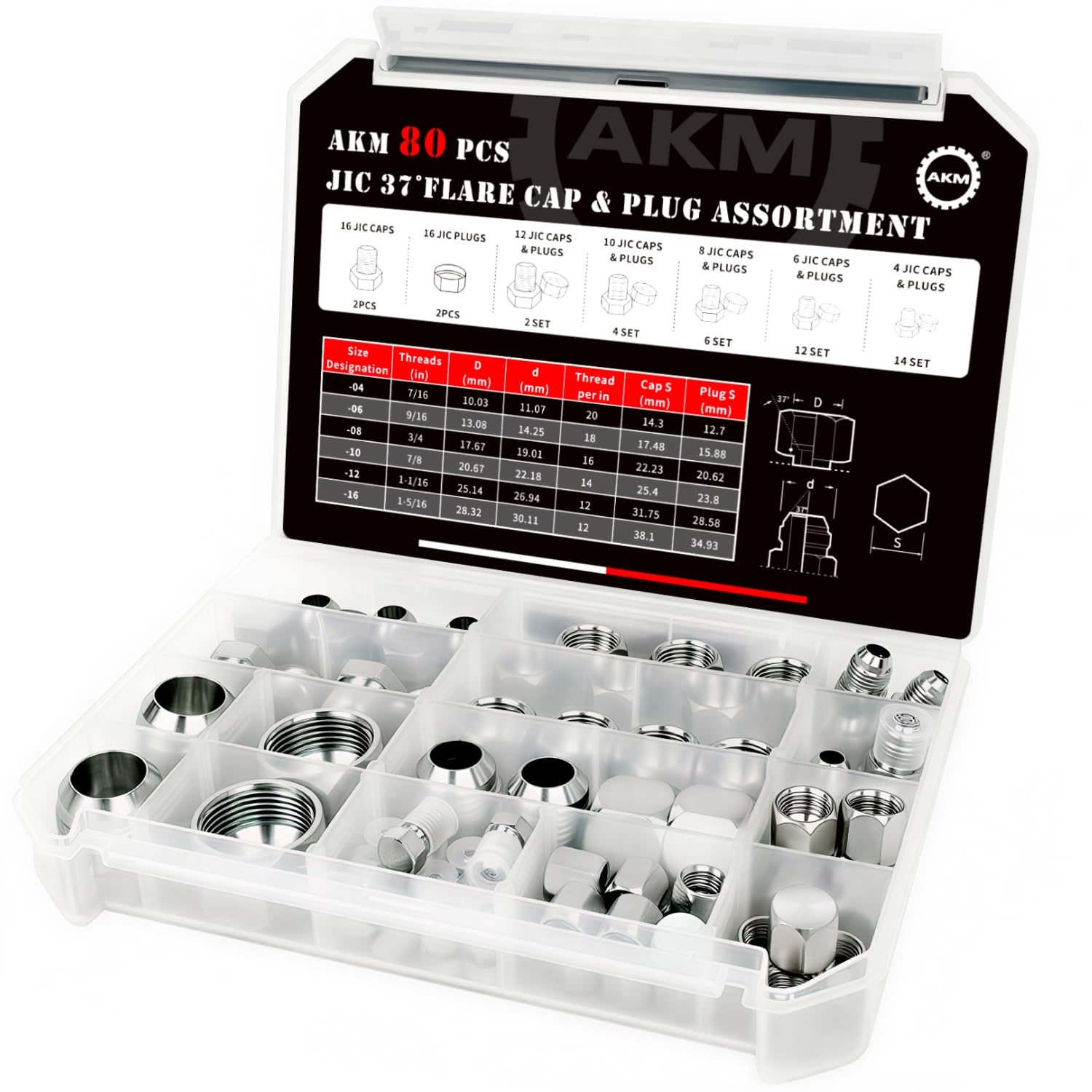 AKM 80 Pcs JIC 37° Flare Cap and Plug Kit Industrial Hydraulic Cap and Plug Hose Tube and Pipe Fitting Kit Precision Threading in Dash Sizes 4 6 8 10 12 16