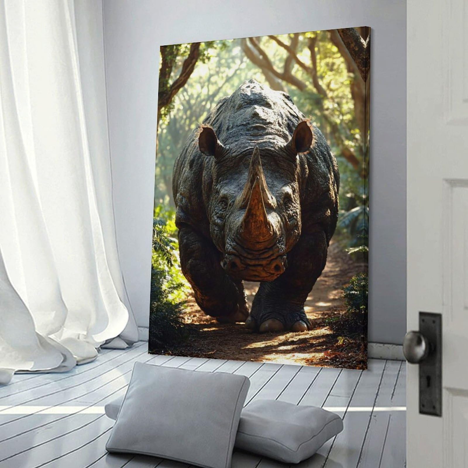 Junmoney Canvas Wall Art Rhino Walking on A Forest Path, 20x30inch(50x75cm), for Corridors, Hallways Or Apartment Entries, Decorative Canvas Styling for Entry Areas
