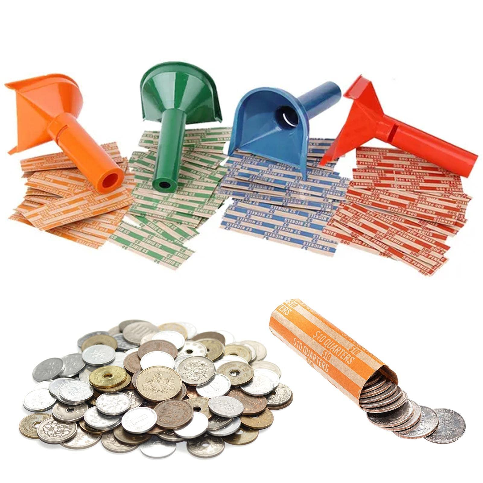 Amazon.co.jp: イージーラップコインチューブセット |  コインラッパーカウンター,ロールとソーターチューブ、米ドルコインニッケルコインふるい用漏斗形コイン計数管ペニー、ニッケル、ダイム、クォーター用の4種類のコインラップ、便利で速いコインロールラッパー  : ホビー