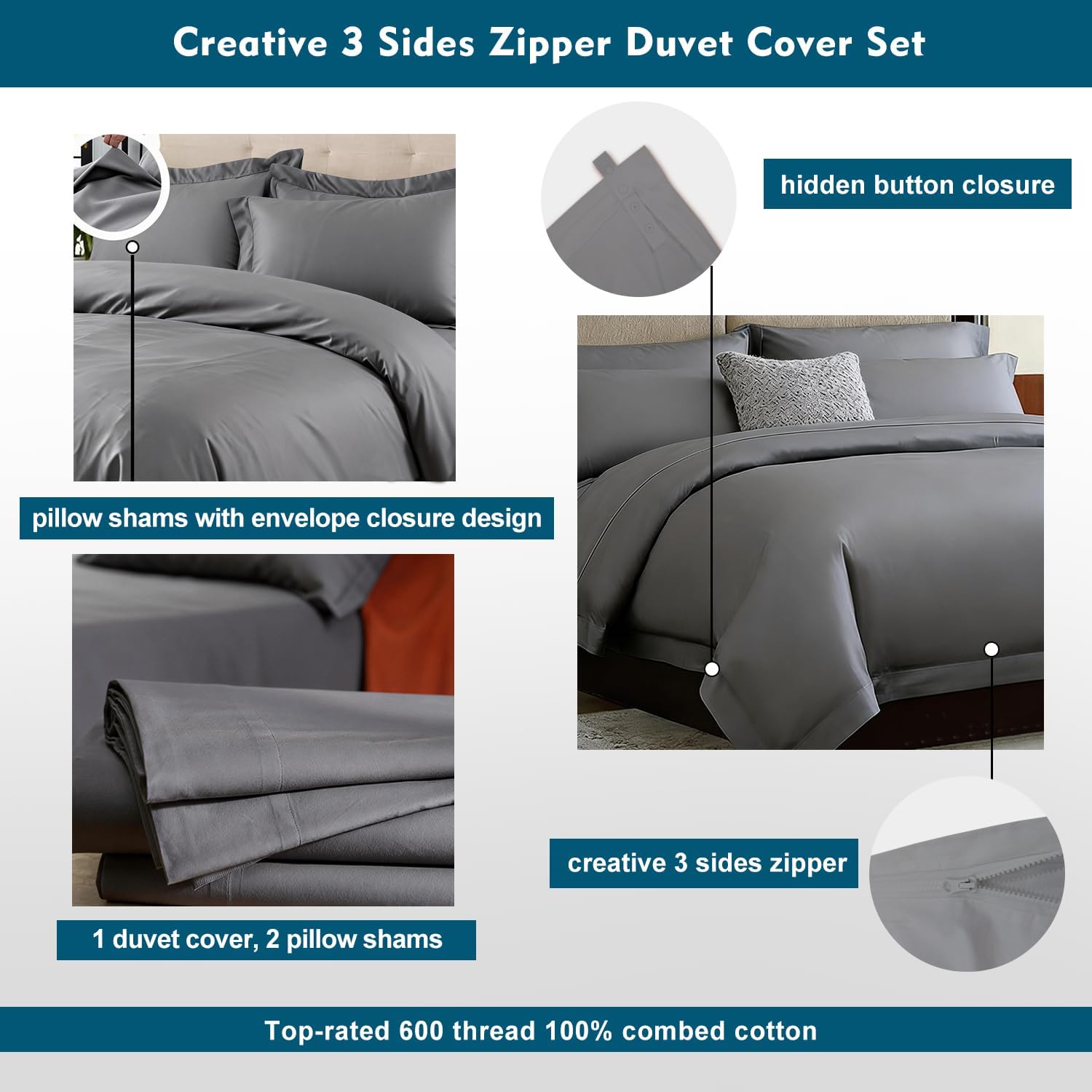QRFDTSOQY 100% Cotton Duvet Cover Set, Soft Sateen Weave Bedding with 3-Sided Zipper for Easy Duvet Changing, Cozy & Breathable Bed Set with Corner Ties, Queen/King, 3-Piece (Queen (U.S. Standard))