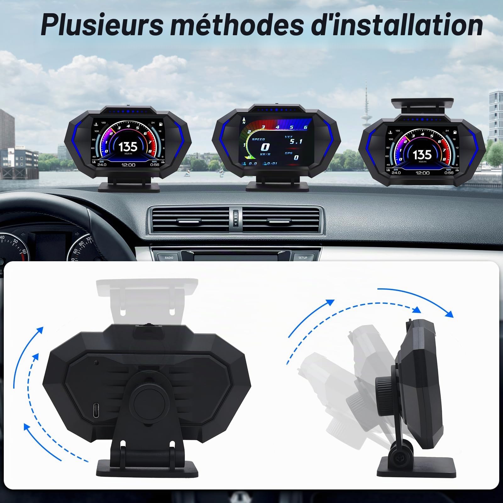 KAOLALI Compteur de Vitesse Head up Display OBD2 + GPS HUD Affichage tête Haute Numérique Universel avec Avertissement de Vitesse, Rappel de Fatigue, MPH KM/H pour Toutes les Voitures