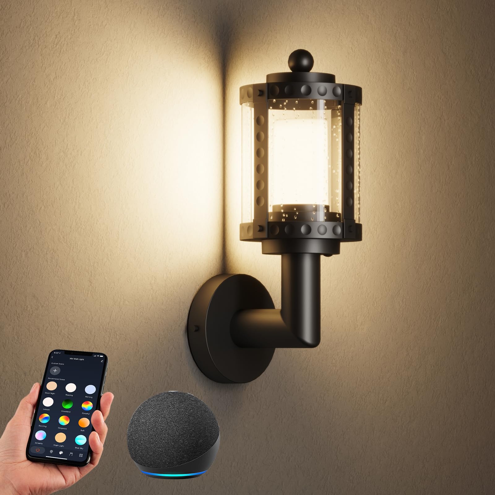 XMCOSY+ Outdoor Wall Lights, 1100LM Smart Porch Lights Outdoor, RGBCW LED Sconce Lights, WiFi APP Control, Compatible with Alexa, IP65 Waterproof