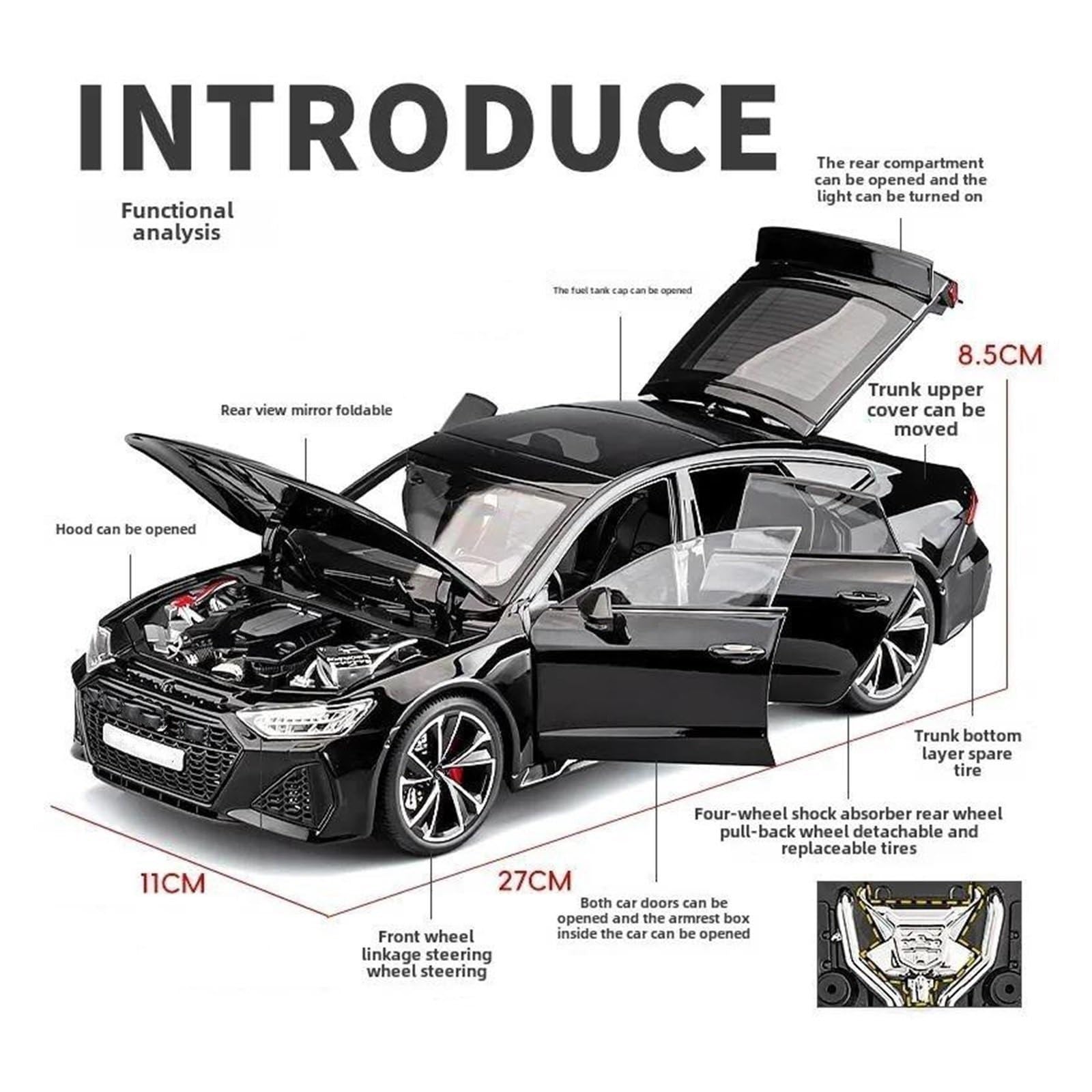 Modellauto Automodell 1:18 Für Audi RS7 Modellauto Aus Leichtmetall Sammlerstück Dekoration Modellfahrzeuge(Schwarz)