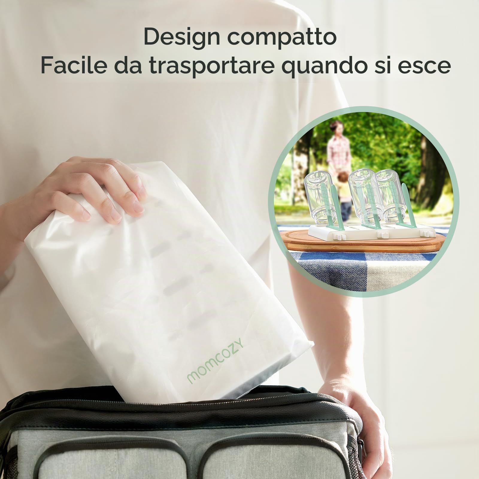 Momcozy Stendibiancheria verticale per biberon, grande capacità, 18 unità, design modulare compatto con portaspazzole integrato, asciugabottiglie per tettarelle, tiralatte e accessori