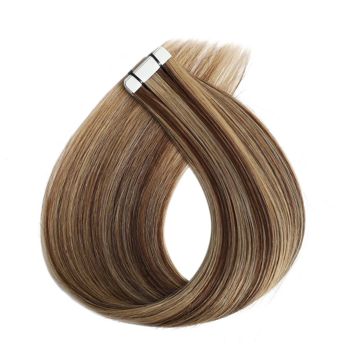 Doczepiane włosy na taśmie, prawdziwe włosy, blond, pasemka średniobrązowe, gładkie włosy Remy, z taśmą, 20 sztuk, 50 g, 40 cm