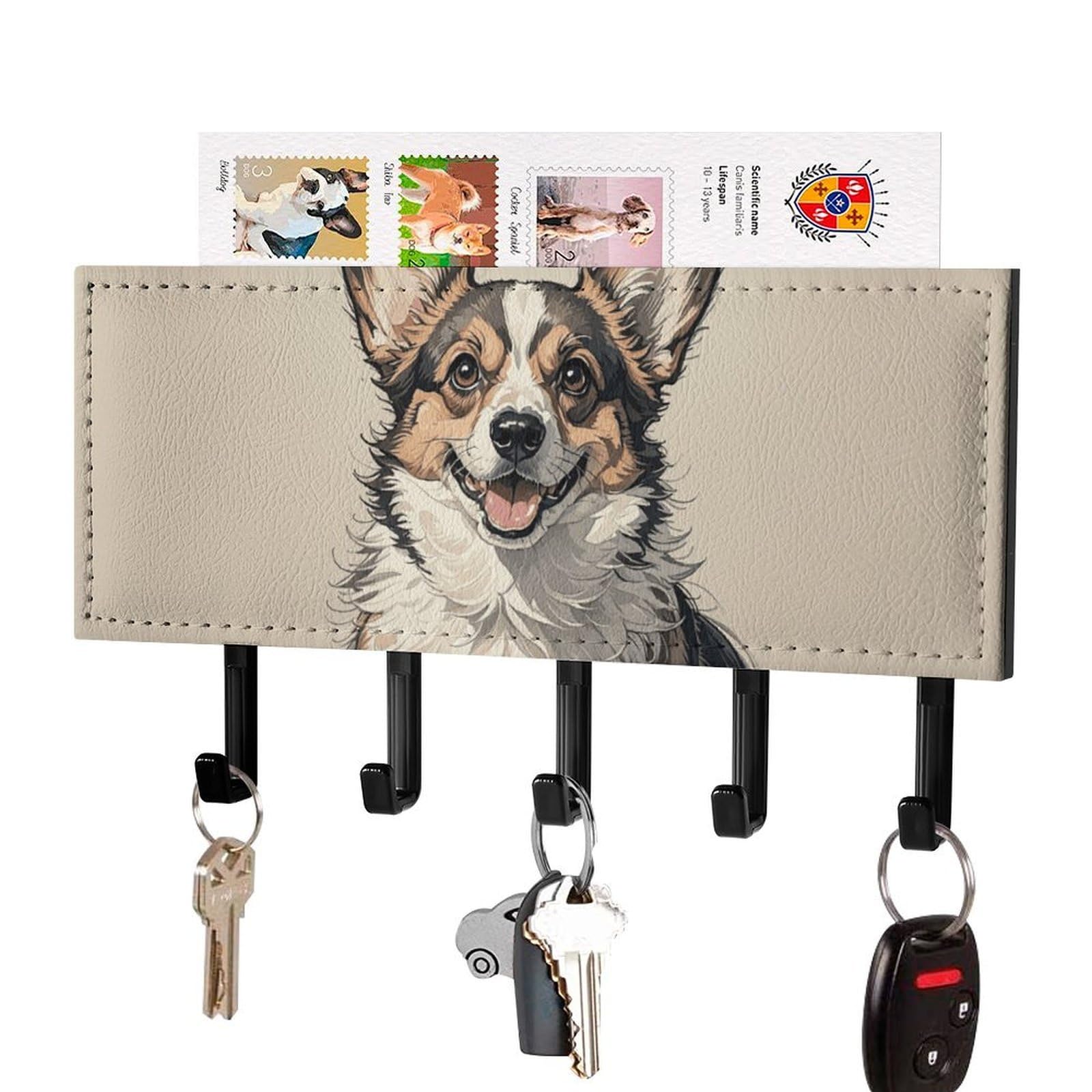 DWVTSLH Hand Drawn Sketch Corgi Key Holder for Wall, Decorative Key Hooks with Mail Organizer & 5 Hooks, Self Adhesive Leather Key Hanger for Entryway, Wall Mounted Key Rack (7.1” X 4.3” X 0.9”)