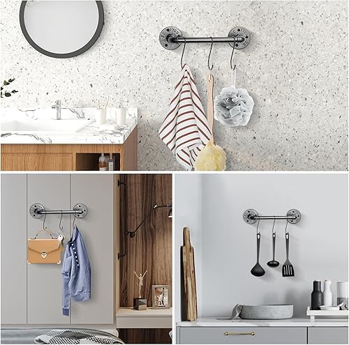 Miniatura 10 de NearMoon Toallero industrial de tubería, accesorio de toallero de baño resistente, montaje en la pared, soporte para toallas de baño de hierro