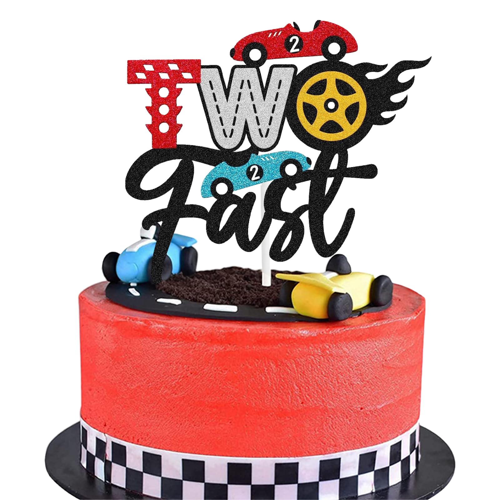 Two Fast Birthday Decorations, Car Cake Toppers, Car Cake Decorations- HSC 1pc Racing Car Theme Cake Topper with Extra Cars Designs, 16x14cm for 2nd Birthday (Black/Blue/Red/Yellow)