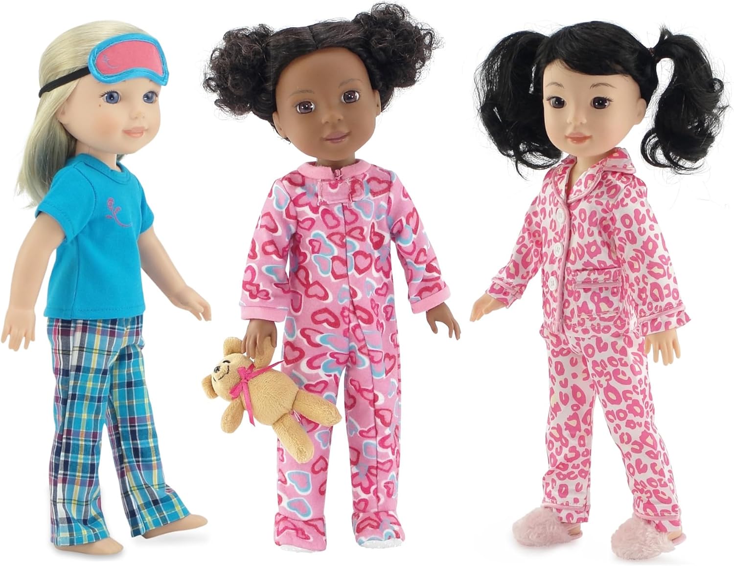 Emily Rose 14 Inch Doll 8-Piece Pajama Bundle | Silky Animal Print, Heart Footed Onesie & Plaid PJs with Slippers – Includes Teddy Bear & Eye Mask | USA Brand | Fits Wellie Wishers Glitter Girls Dolls
