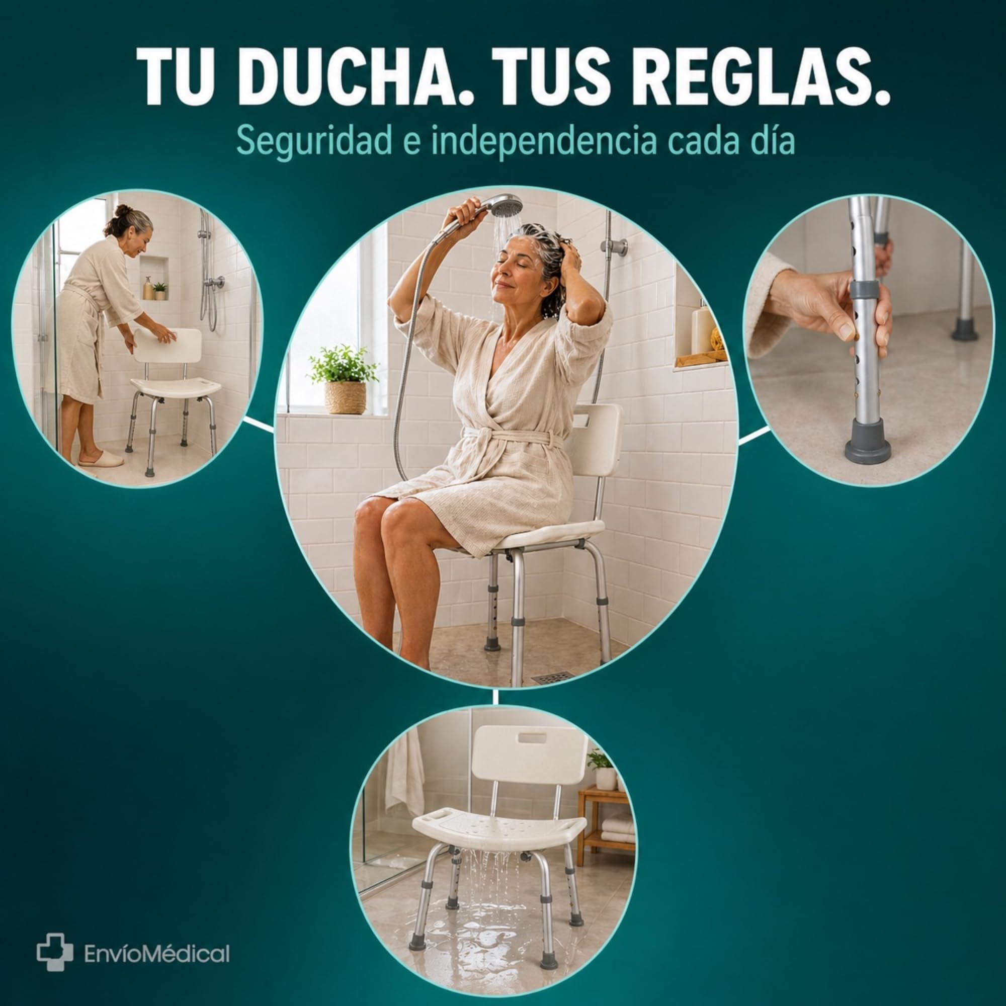 Silla de Ducha para Personas Mayores con Respaldo. Altura Regulable. Asiento de Baño Antideslizante de Aluminio. Soporta hasta 110kg. Silla de Ducha para Movilidad Reducida, Discapacitados y Ancianos