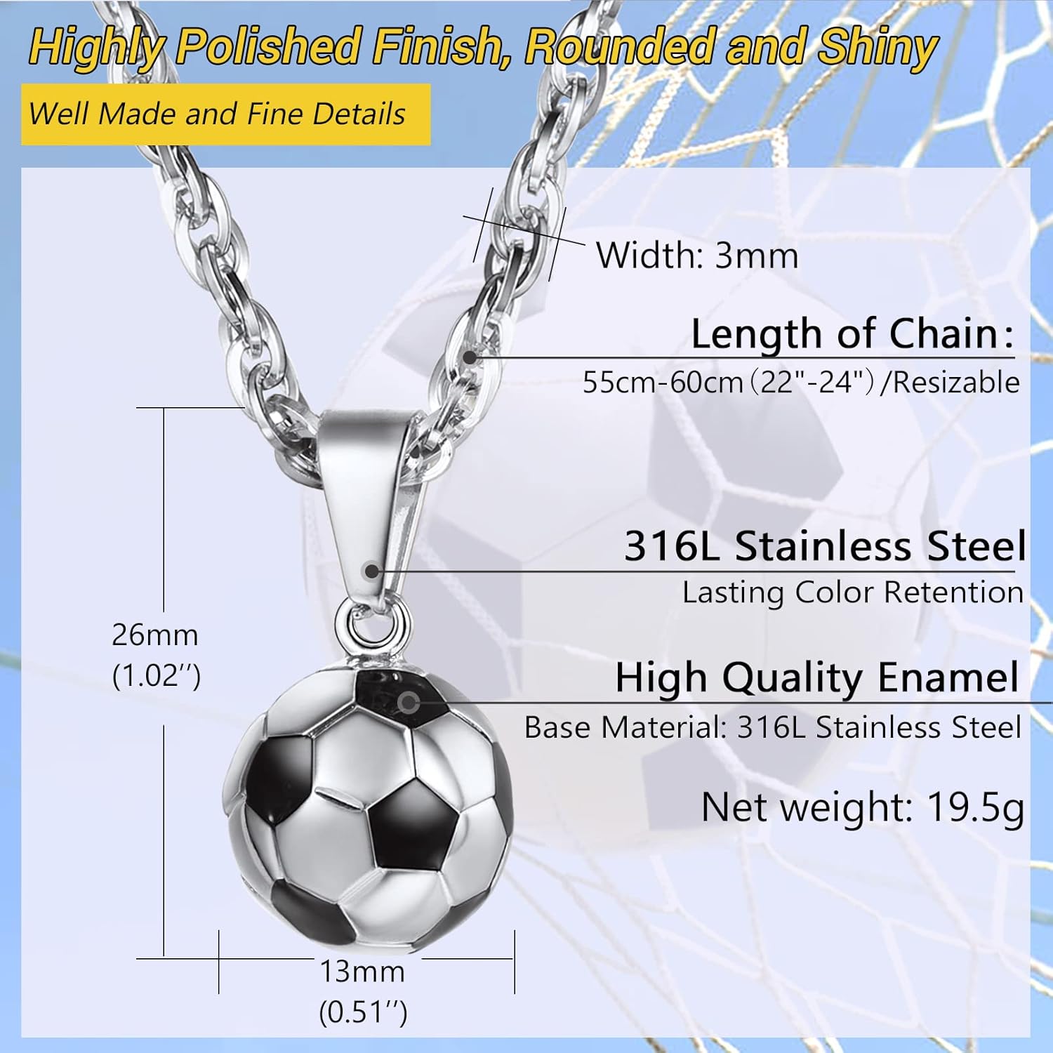 PROSTEEL 316L Stainless Steel 3D Football/Basketball/Volleyball/Baseball/Rugby Ball Cool Necklaces for Men, Sports Players Favors Jewelry, 22inch, Come with Box - Image 4