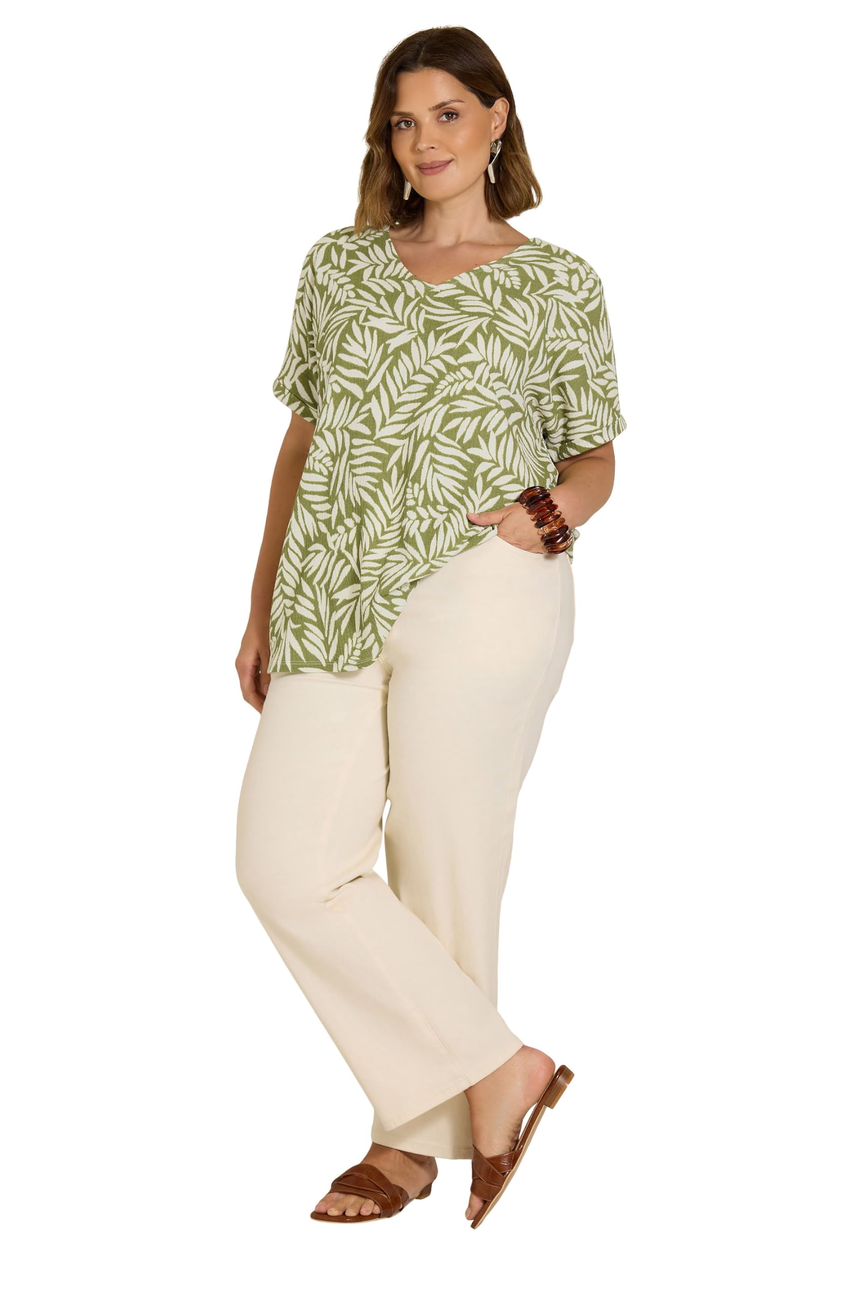 Evans Women's Light Green Curve Green Leaf Print Crinkle Blouse - Plus Size Curve