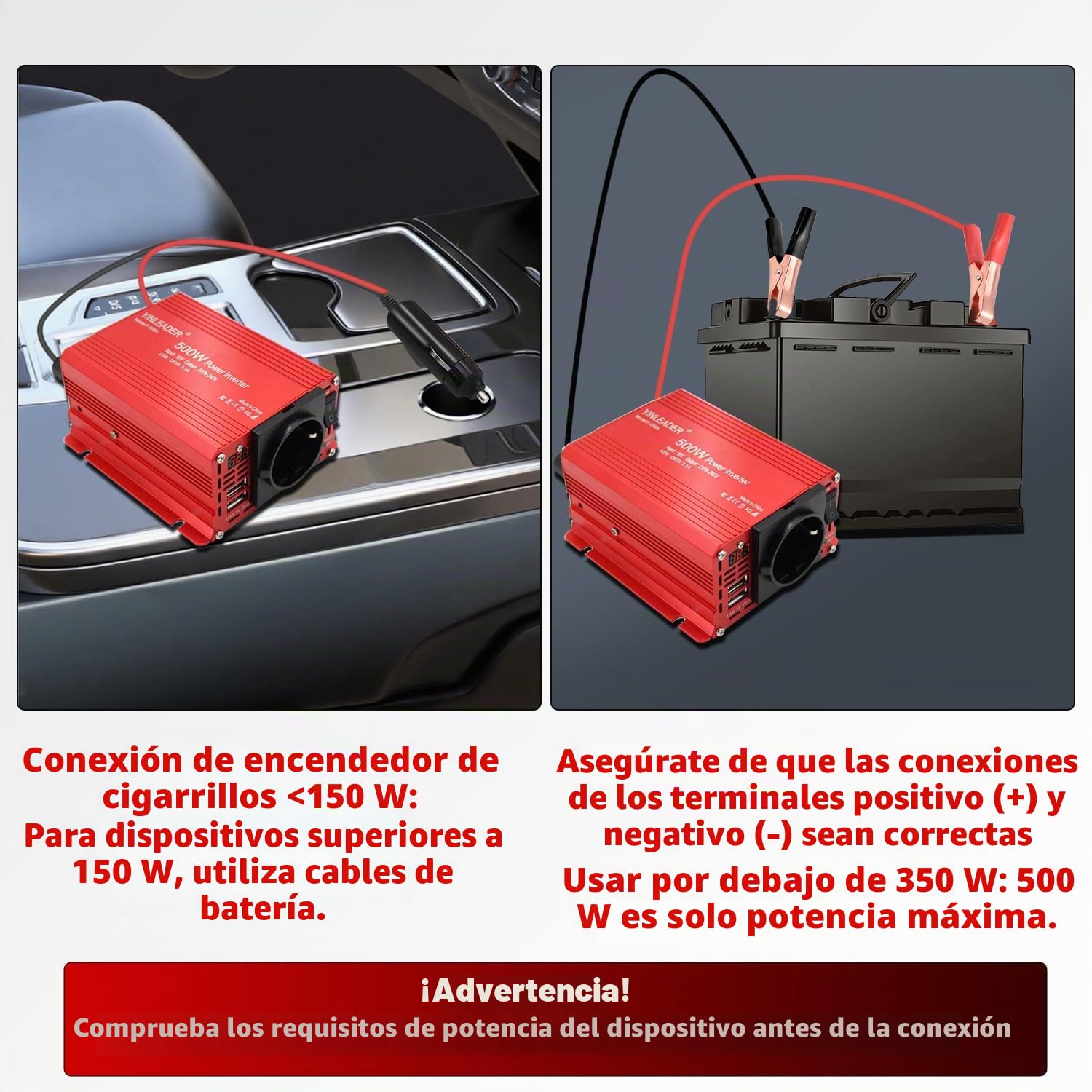 Yinleader 500W Inversor de Corriente, DC 12V y 220V-240V, Conversor de para Coche, convertidor de tensión doble USB Power Inverter CC 12 V AC 230 V, transformador con toma eléctrica