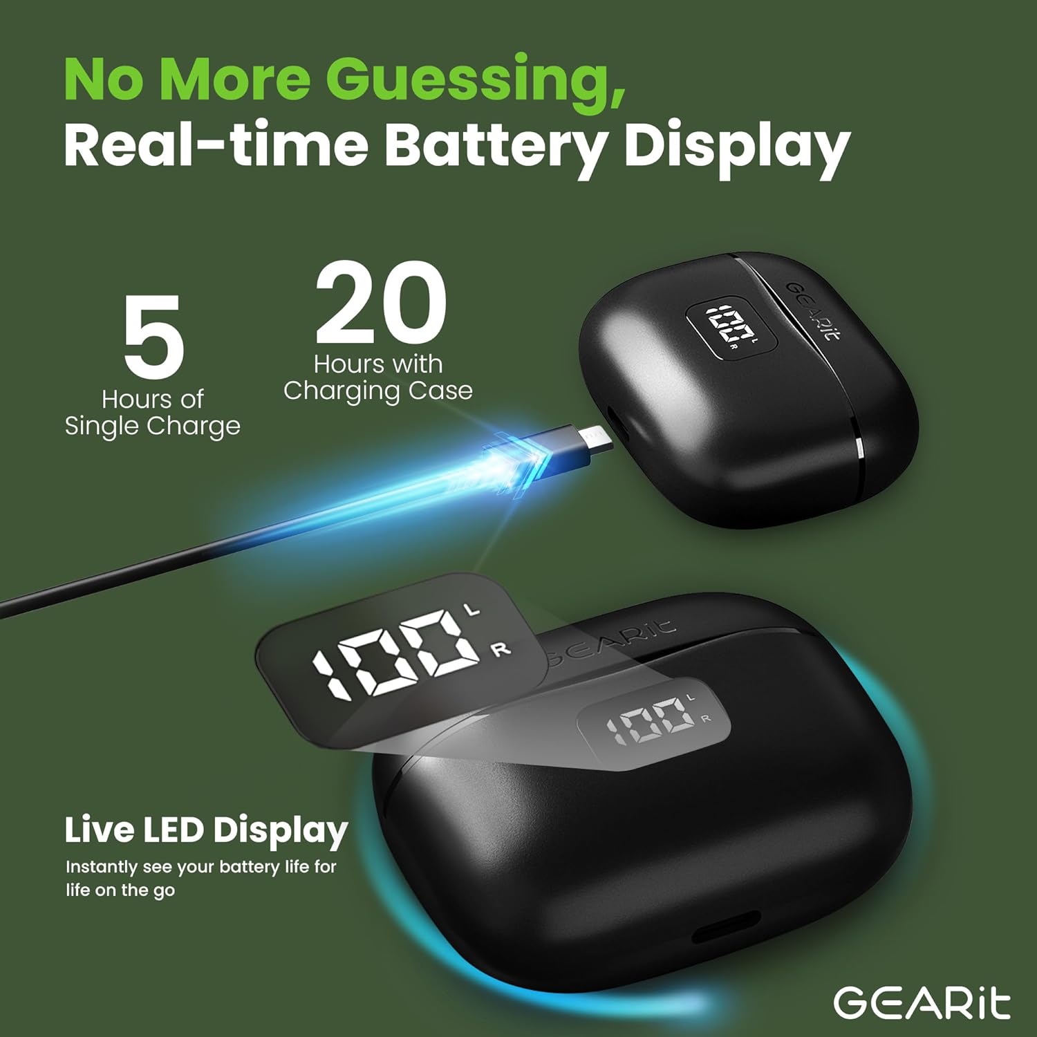 GEARit Wireless Earbuds Bluetooth 5.4, Active Noise Cancelling Ear Buds with 4 Mics, LED Display, Stereo Sound, 20H Playtime, IPX4 in Ear Earphones, Clear Calls, Low Latency, for Phone Sports Laptop