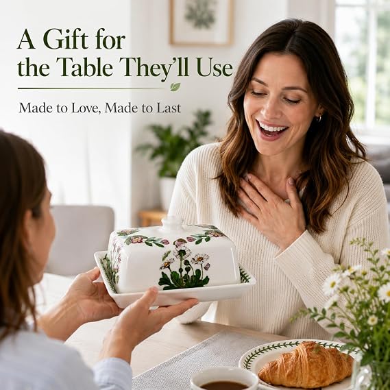 Portmeirion x Botanic Garden Butter Dish - White & Green Floral Butter Dish, Durable Ceramic Earthenware Oven, Freezer & Dishwasher Safe
