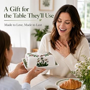 Portmeirion x Botanic Garden Butter Dish - White & Green Floral Butter Dish, Durable Ceramic Earthenware Oven, Freezer & Dishwasher Safe