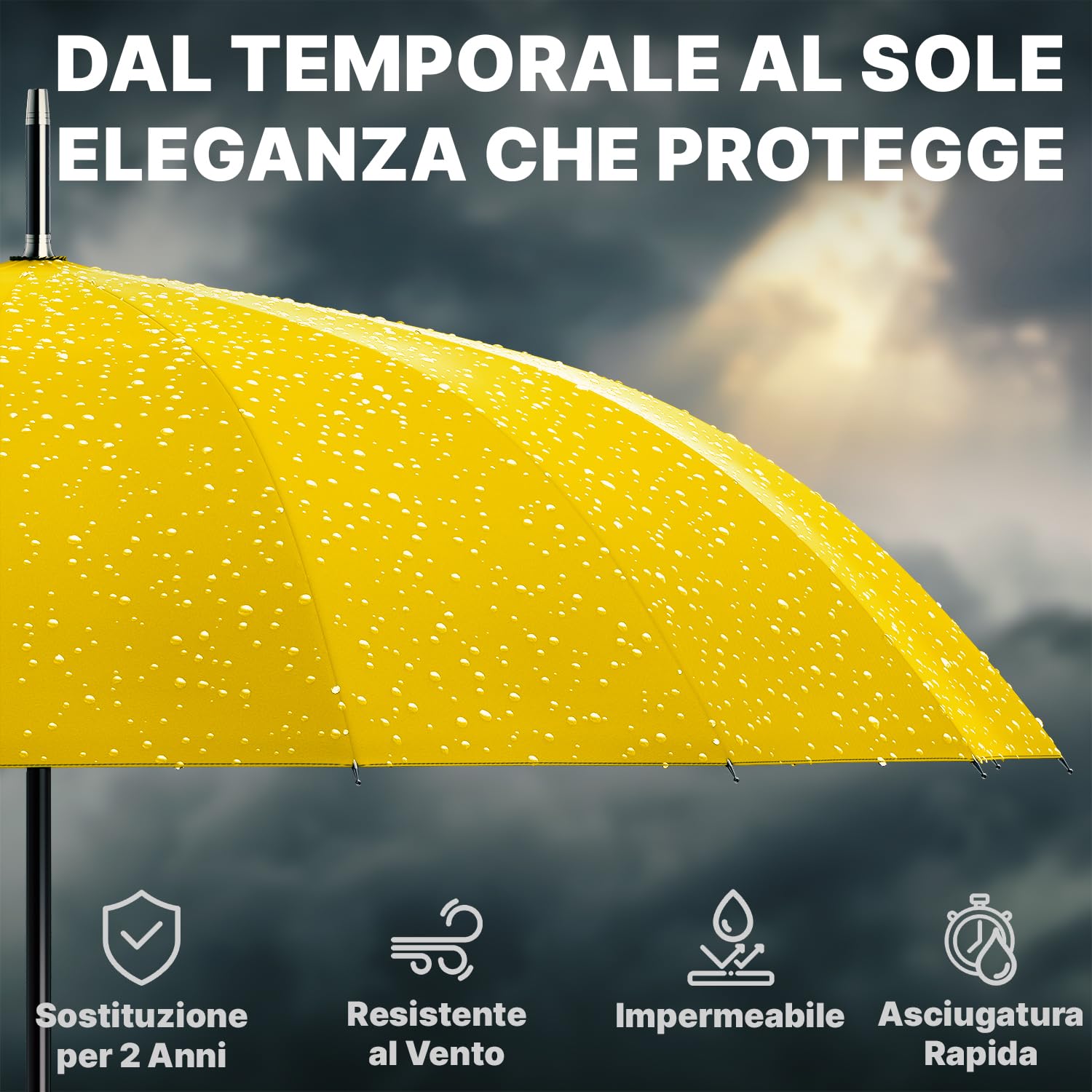 Royal Walk Ombrello Pioggia Antivento Grande 54 Pollici Ombrello Portatile Automatico Aperto Per 2 Persone Uomo Di Legno Leggero Resistente 16 Costole Golf Da Viaggio Impermeabile Robusto 120cm Giallo