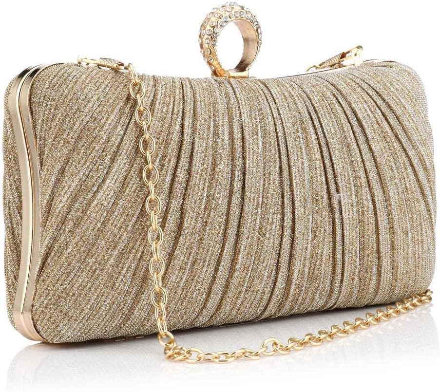 Womens Golden Evening Clutch Purse Glitter Handbag Pleated Evening Bag for Bridal Wedding Party