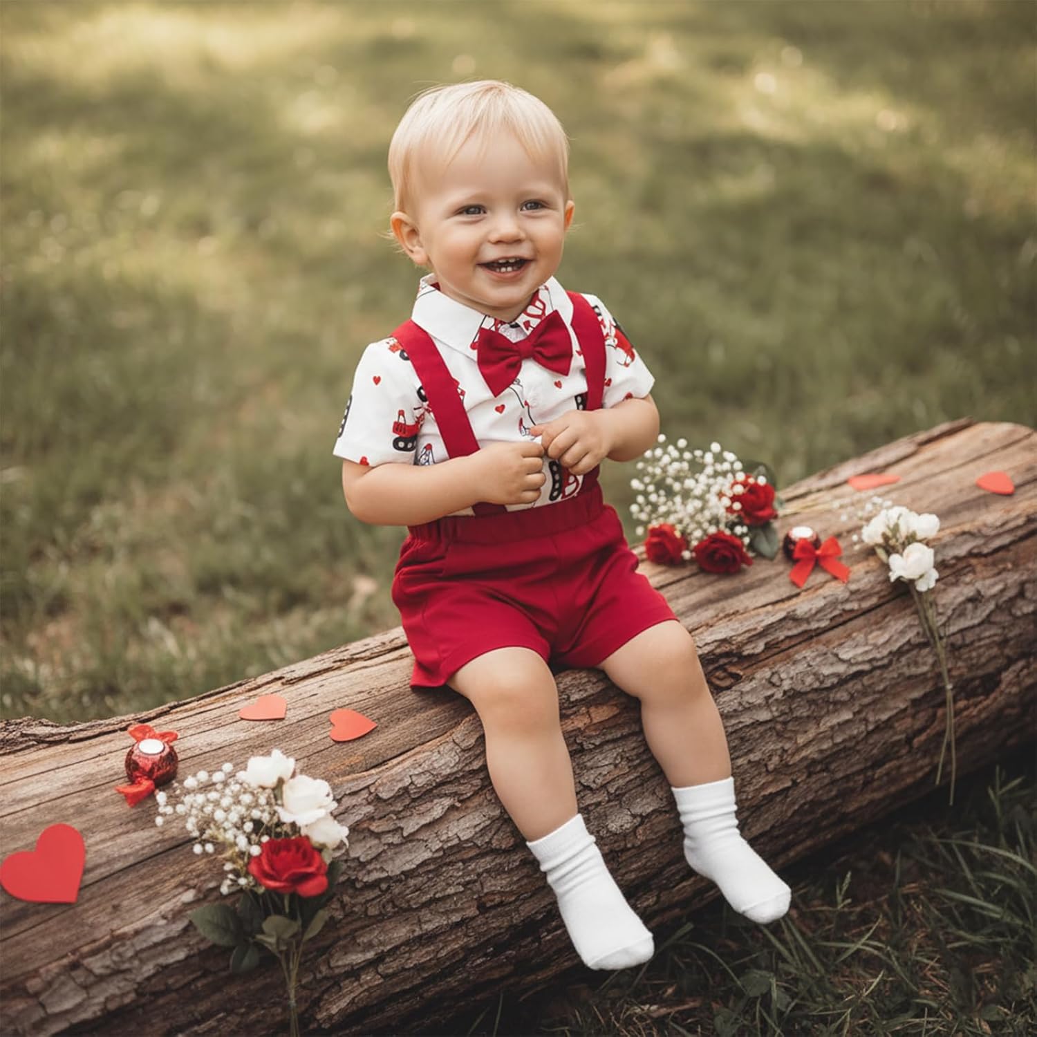 Infant Baby Boy Valentines Day Outfit Excavator Button Down Short Sleeve Dress Shirts Romper Suspender Shorts Set - Image 4