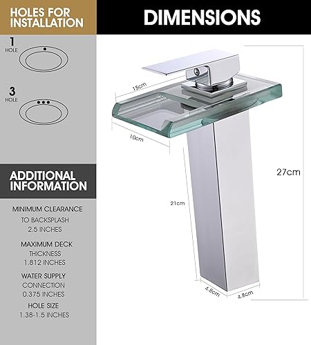 Miniatura 2 de Grifo de lavabo de baño LED, cascada de recipiente alto, de un solo mango, 1 agujero con drenaje desplegable de metal y 2 líneas de suministro de