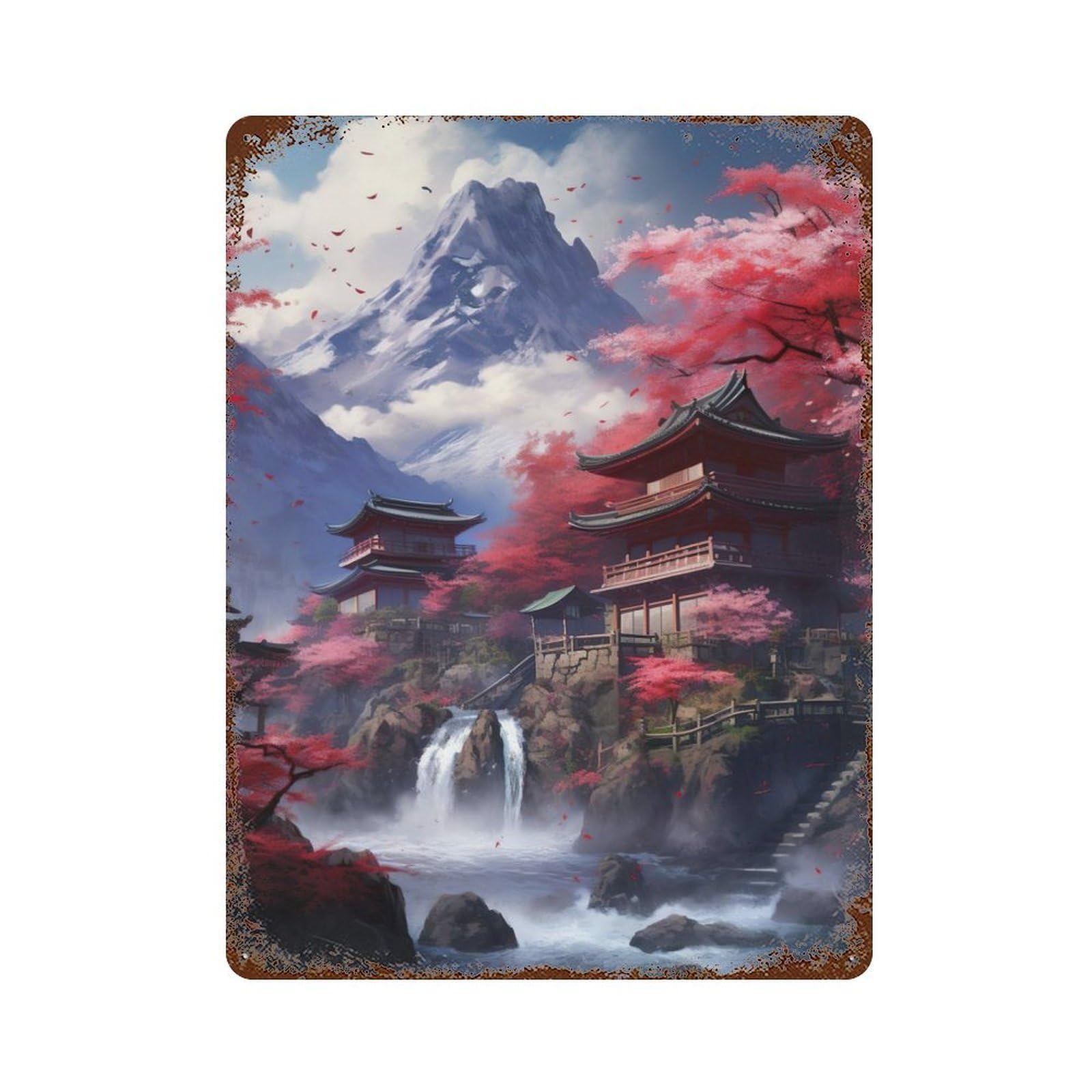 Cherry Blossom Japan House Rust Effect Tin Sign 15.7"x11.8", Novelty Wall Decor for Garage, Pub Or Kitchen