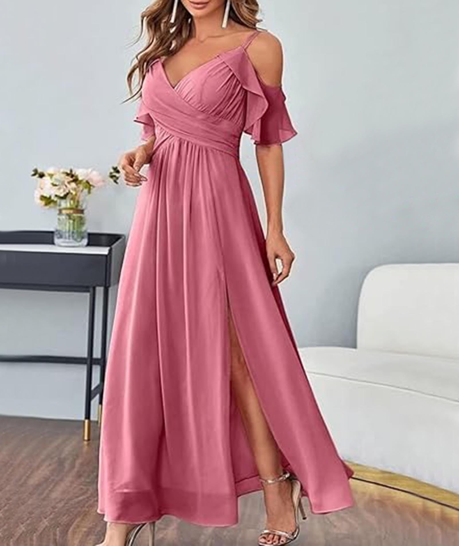 xxxiticat Vestido largo de gasa para mujer, cuello en V, tirantes delgados, vestido de baile de graduación, vestido de noche con abertura
