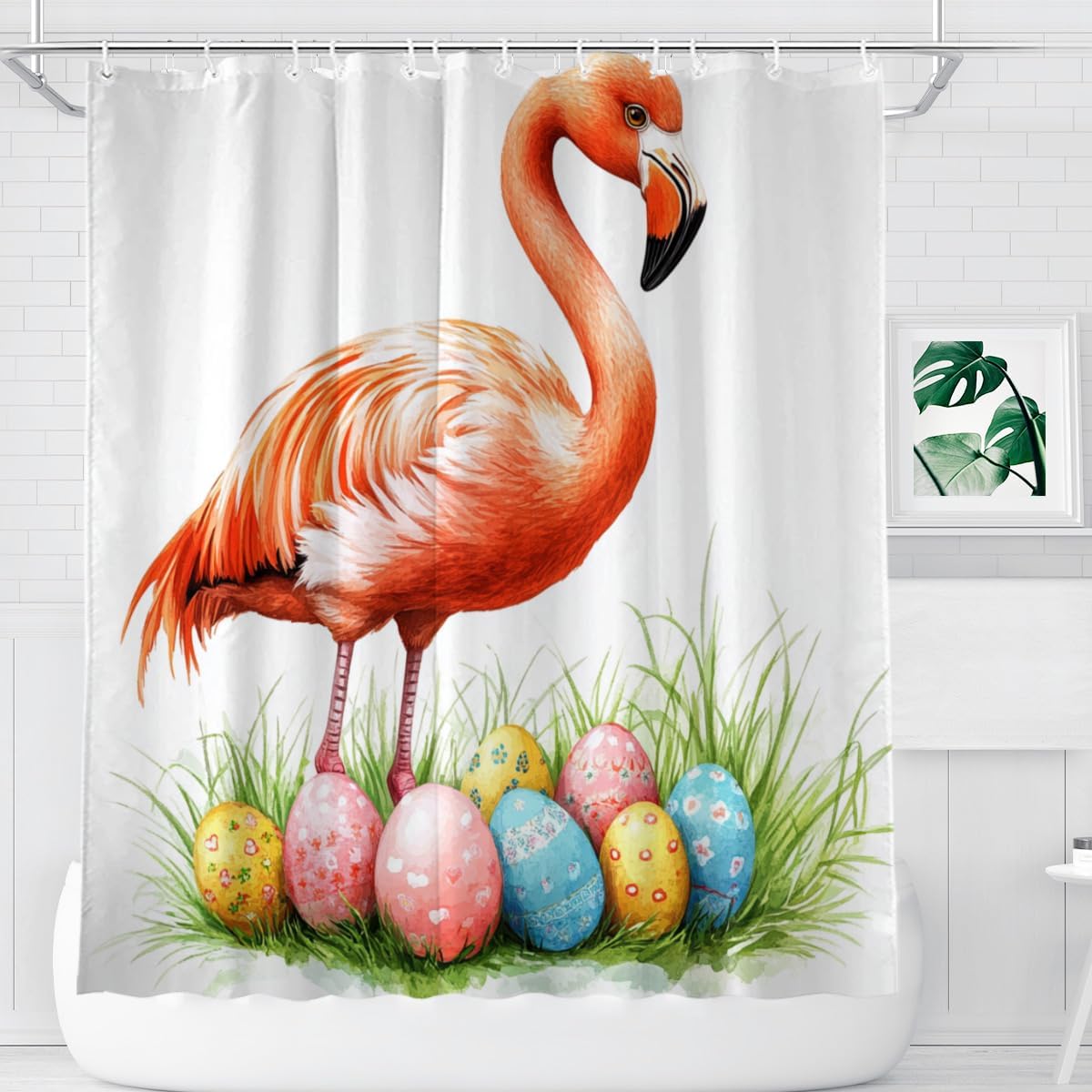NGZ Spring Easter Flamingo Shower Curtain Cute Animal Floral Plant Decorative Bath Curtain 72 x 72 Inch Fabric Waterproof Bathroom Curtain with 12 Hooks