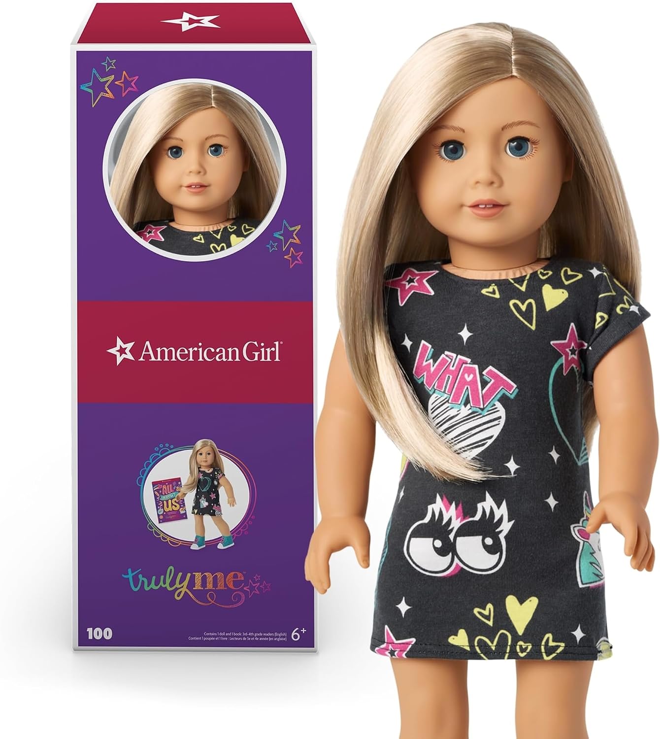 Truly Me 18-inch Doll #100 with Blue Eyes, Blonde Hair, Lt-to-Med Skin, Printed T-shirt Dress, For Ages 6+