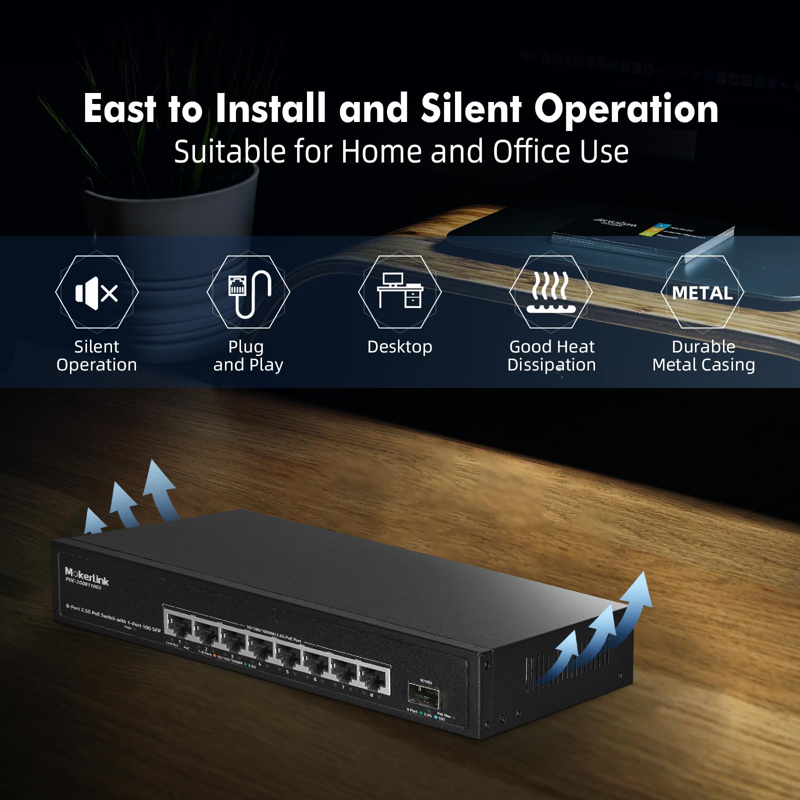 MokerLink 8 Port 2.5 Gigabit PoE Switch con 10G SFP, 8 x 2.5G Ethernet Ports, 8 Port PoE IEEE802.3af/at, 120W, Compatible con 10/100/1000Mbps, No Administrado Fanless Wall Mountable Network Switch