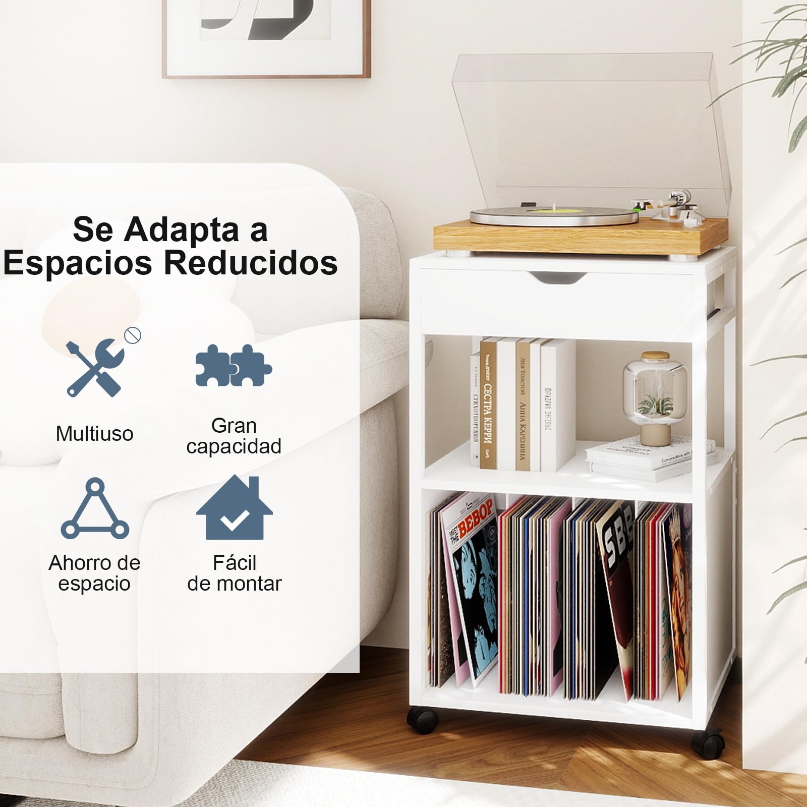 PUNCIA Mueble para Impresora con Ruedas Soporte Rodante de Almacenamiento | Mesa Auxiliar con Cajón y Estantes Abiertos Estantería para discos Carrito Organizador para Oficina y Hogar Blanco