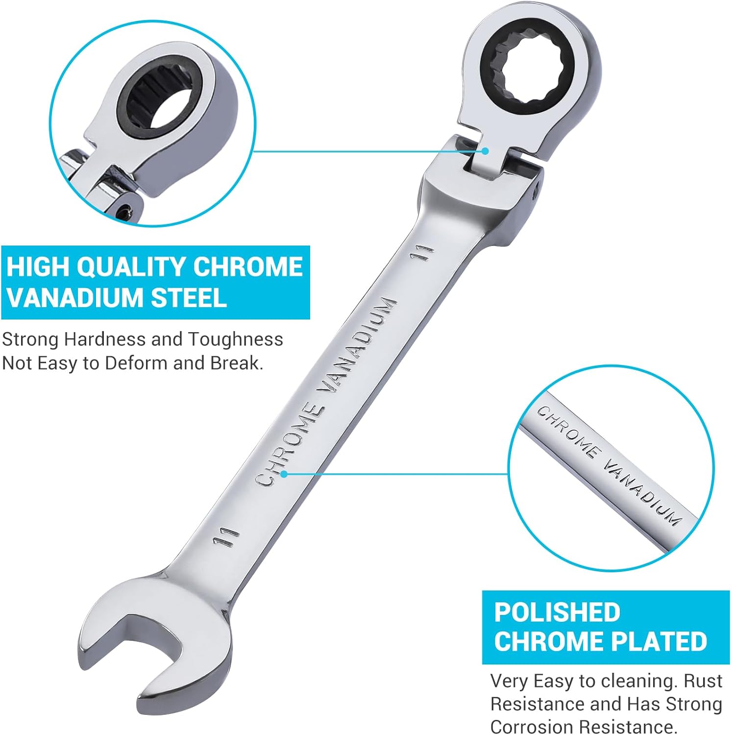 B4B BANG 4 BUCK 11mm Ratcheting Combination Wrench Metric, Flex Head Ratcheting Wrench Spanner with 12-Point Design, 72-Tooth Ratchet, Chrome Vanadium Steel