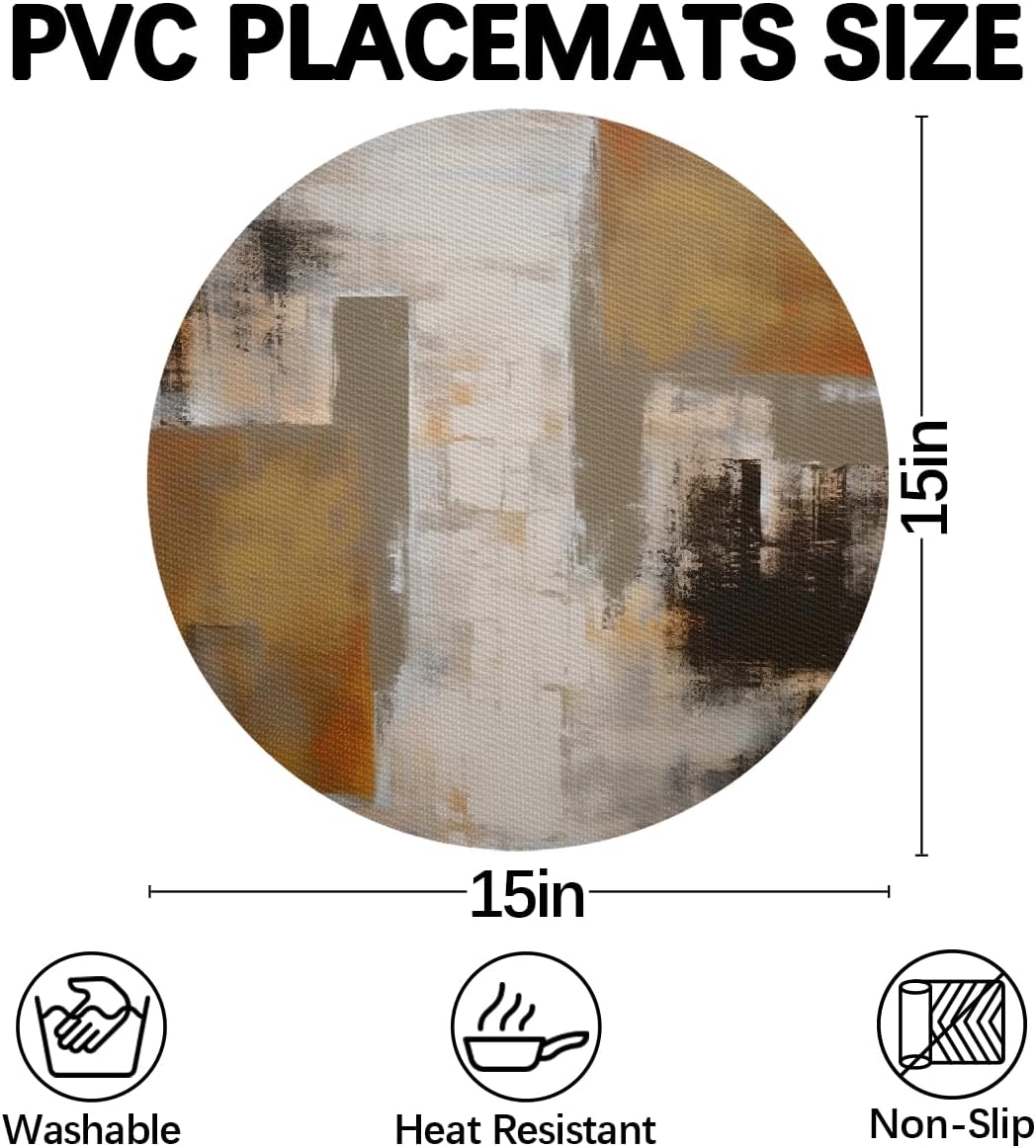 Wedge Placemats Set of 5 Retro Abstract Oil Painting Heat Resistant 4 Wedge Place Mat and 1 Round Mat Wipeable Washable Plastic PVC Dinner Table Mats for Indoor Kitchen Party Dining Table