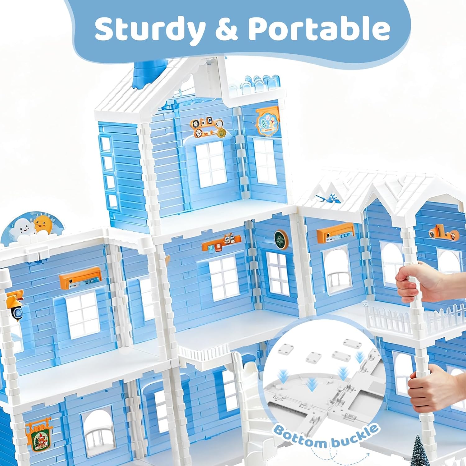 XOS Dollhouse Big Blue Dream Doll House Pretend Play& Learning Toy 3-Story Castle 7 Rooms 11 Scenarios for Girls & Boys Ages 4+ 37PCS Without Dolls