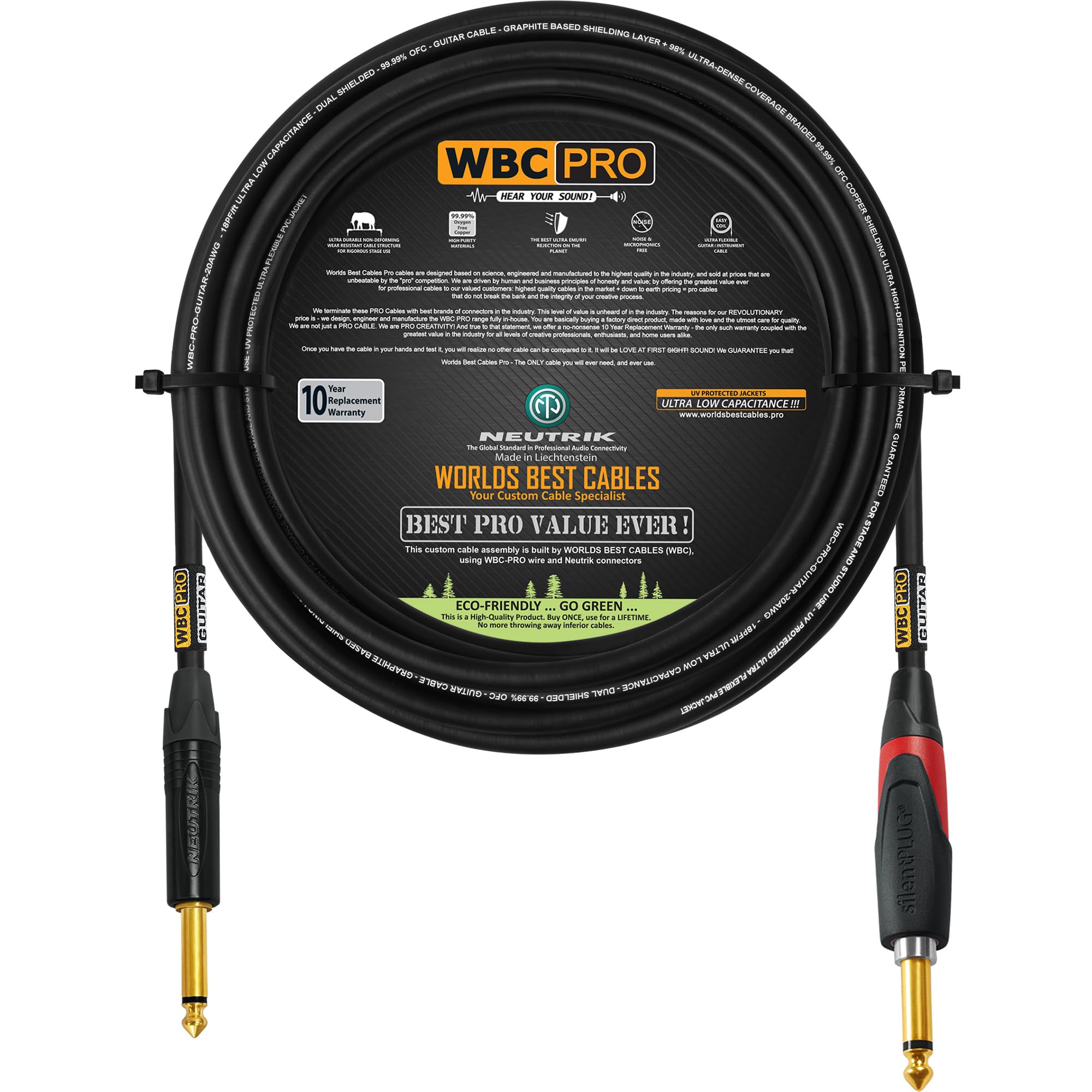 WBC-PRO-Guitarra de 10 pies – 20 AWG – Baja tapa (18pF/ft) – Grado profesional – a base de grafito – Cable de instrumento de guitarra de doble blindaje con Neutrik recto (SilentPLUG) ¼ pulgadas (6.35