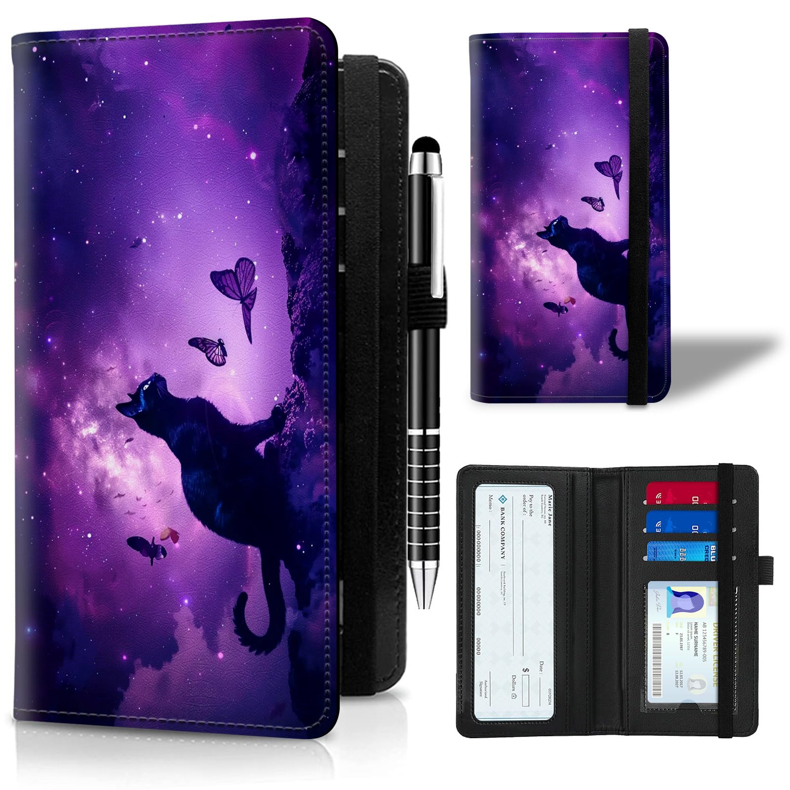 ACWDMKH Leather Checkbook Cover for Men Women Personal Checkbook Holder RFID Blocking Check Book Holder Cover for Duplicate Checks,with A Pen,Purple Glitter Cat