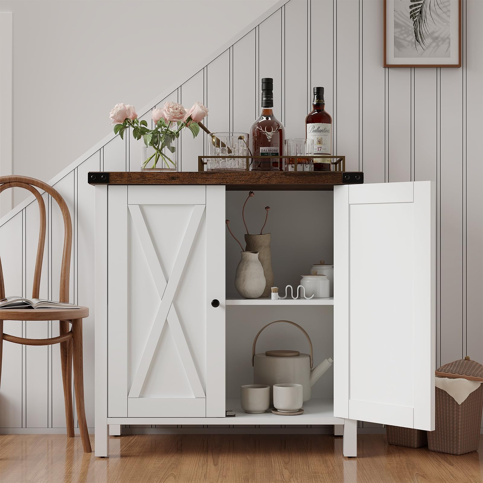 Aparador de Madera Maciza - Armario de 2 Niveles con Puerta - Tablero de 3 cm de Grosor - para Comedor, Salón, Recibidor - 76×40×80 cm - Marrón y Blanco