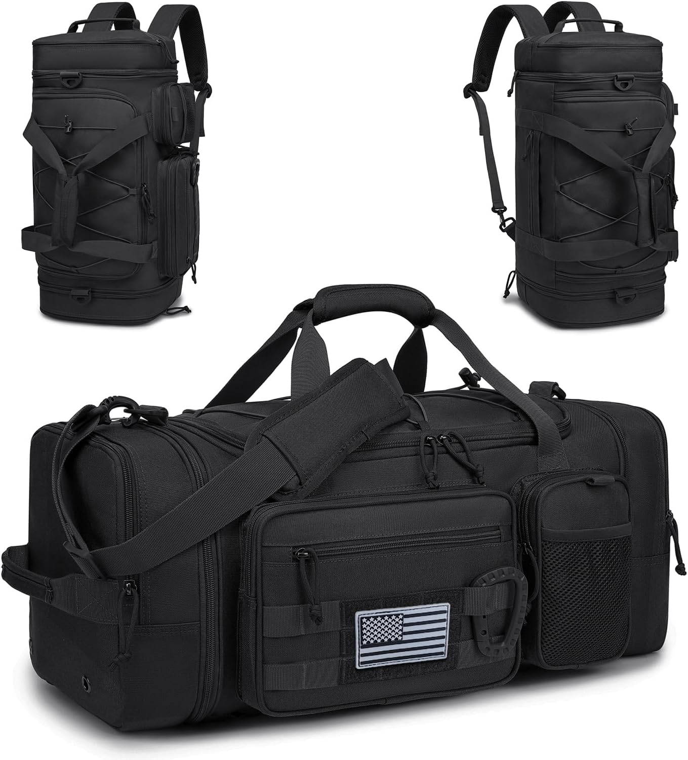 3 in 1 Tactical Gym Bag Backpack for Men 40-45L Expandable Travel Duffle Bag for Women Military Sport Duffel Bags Weekend Overnight with Shoe Compartment & Wet Pocket for Fitness, Black