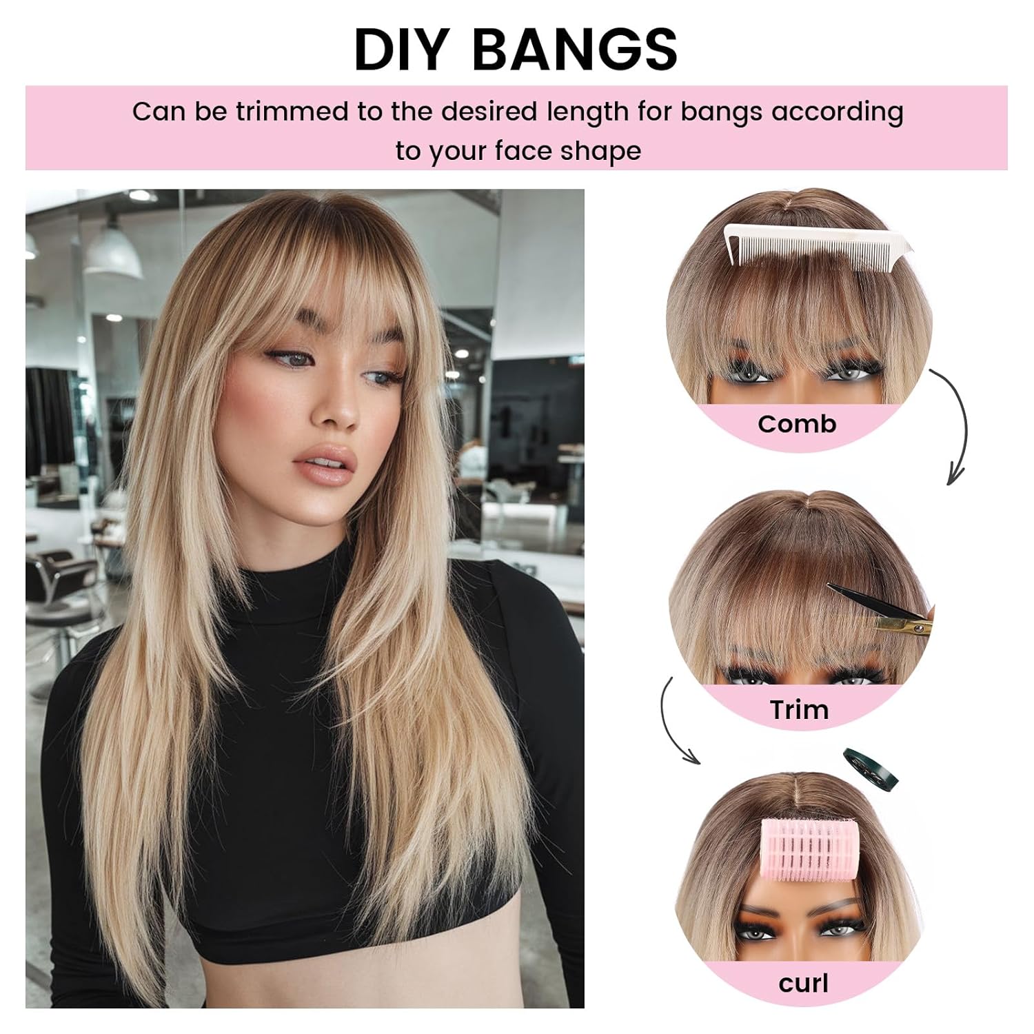 topshe Blonde Wig With Bangs for Women, 26 Inch Long Straight Ombre Blond Wig, Glueless Wear an Go Synthetic Wigs, Natural Looking Sensational Wigs for Daily, Cosplay and Party Use