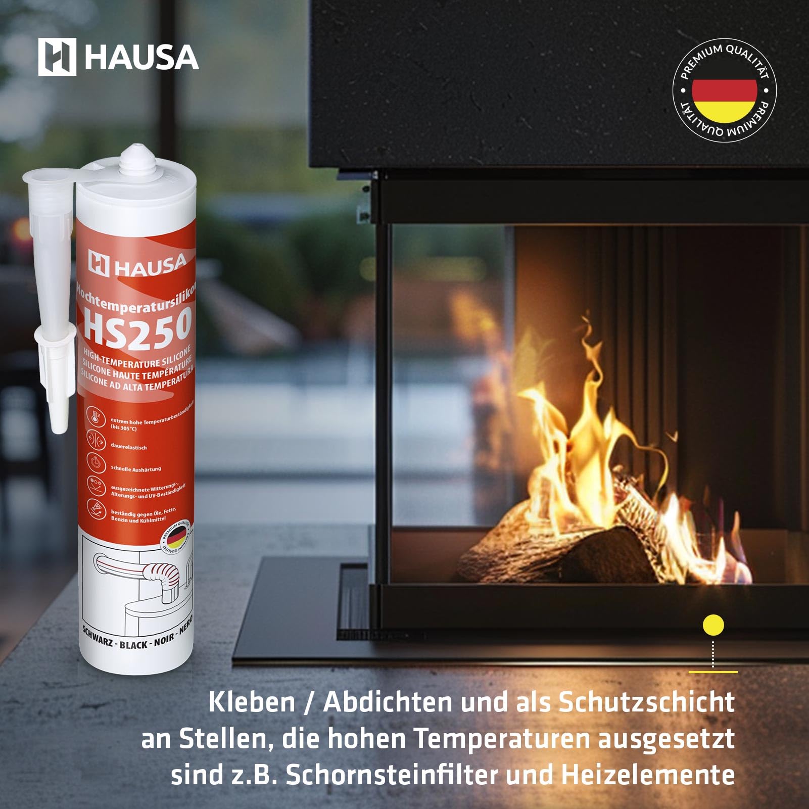 Hausa HS250 Profi Hochtemperatur Silikon schwarz 24 x 300ml Kartuschen Dichtmasse +305°C Dichtstoff zum Kleben Abdichten von Öfen Kochfeldern Motoren dauerelastisch Öl-, Benzin- & Hitzebeständig