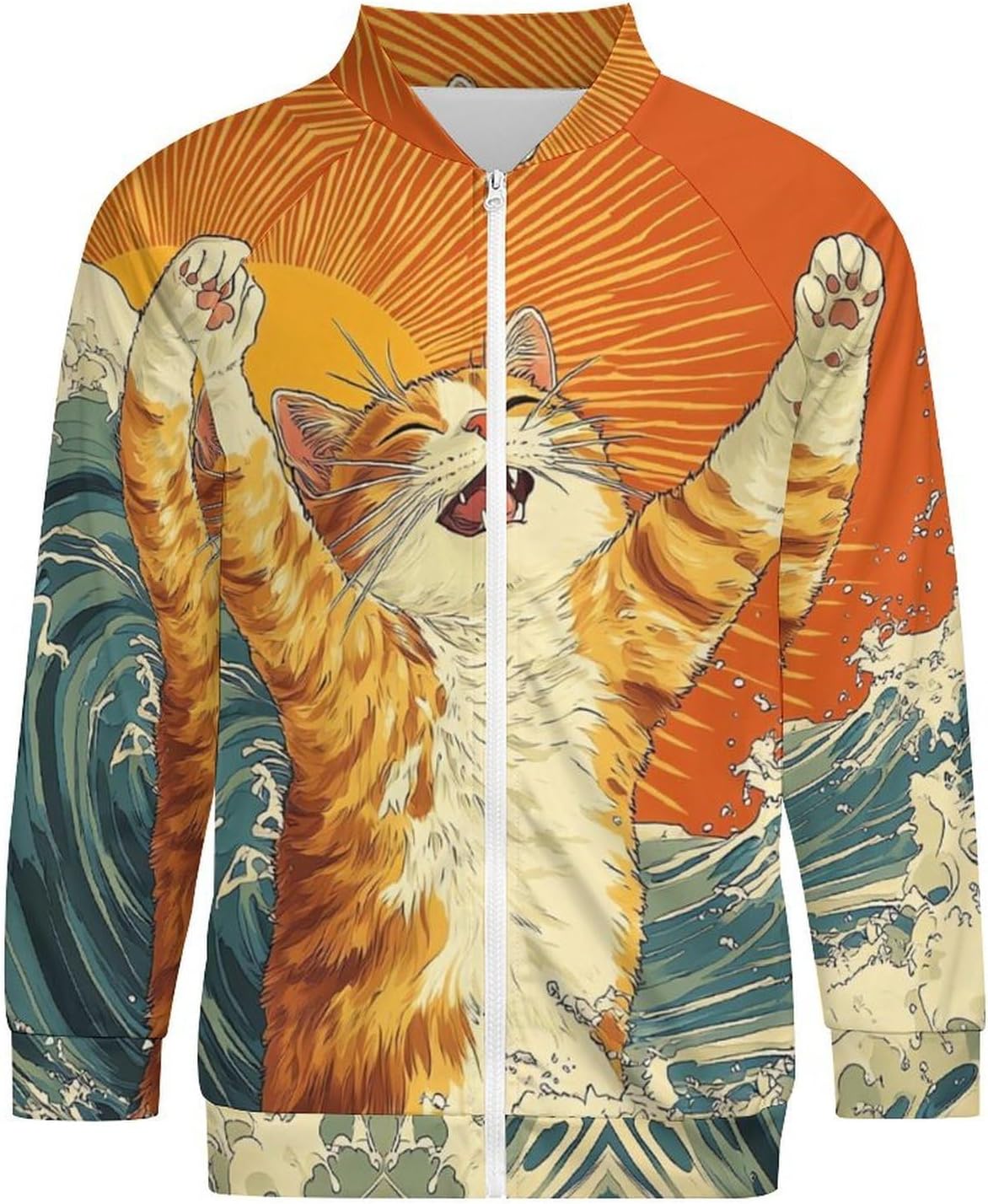 Japanese Cat Ocean Wave Men's Zip Up Sweatshirt Casual Sweater Jackets Long Sleeve Tops Lightweight Coat